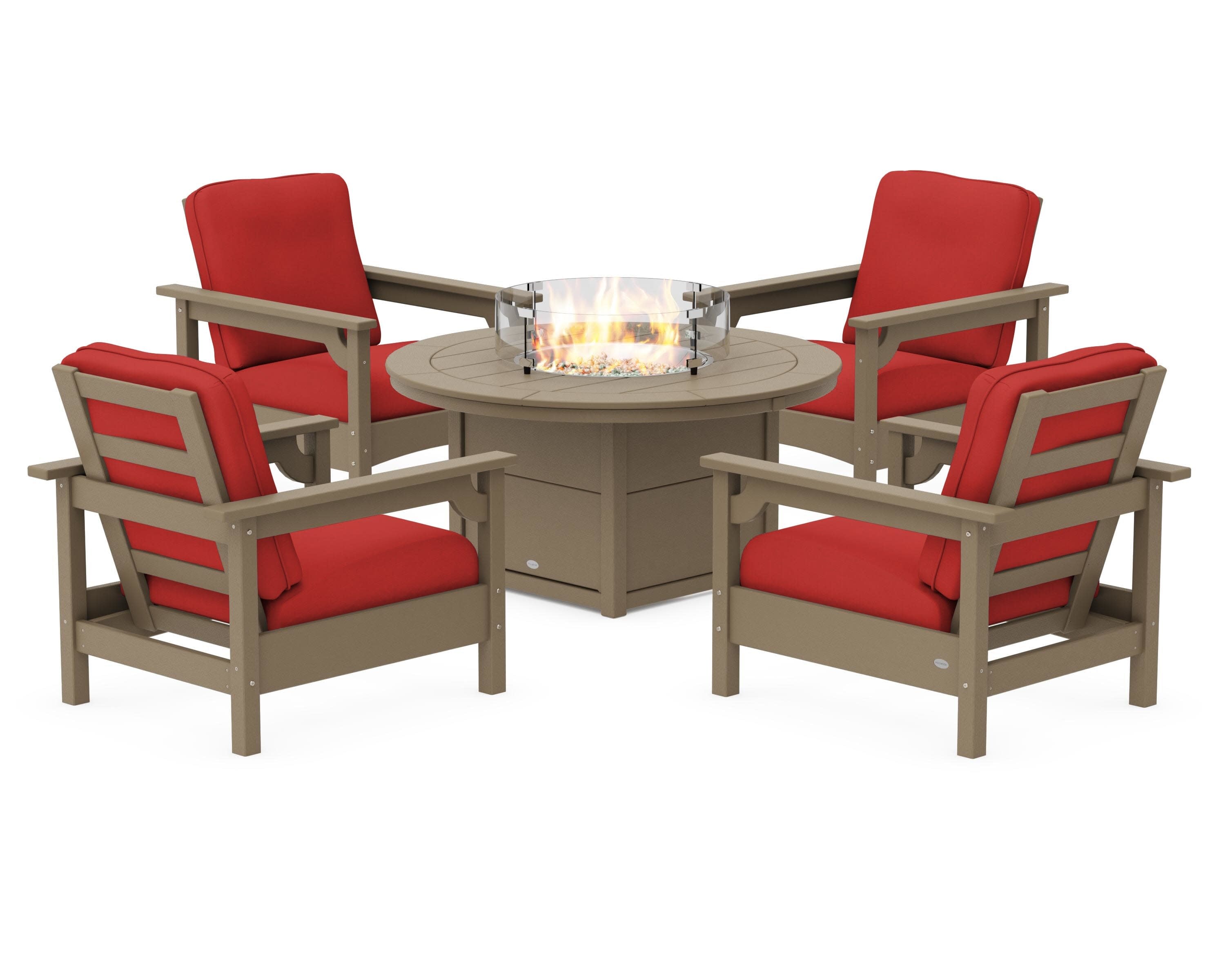 Club 5-Piece Conversation Set with Fire Pit Table in Vintage Sahara / Crimson Linen