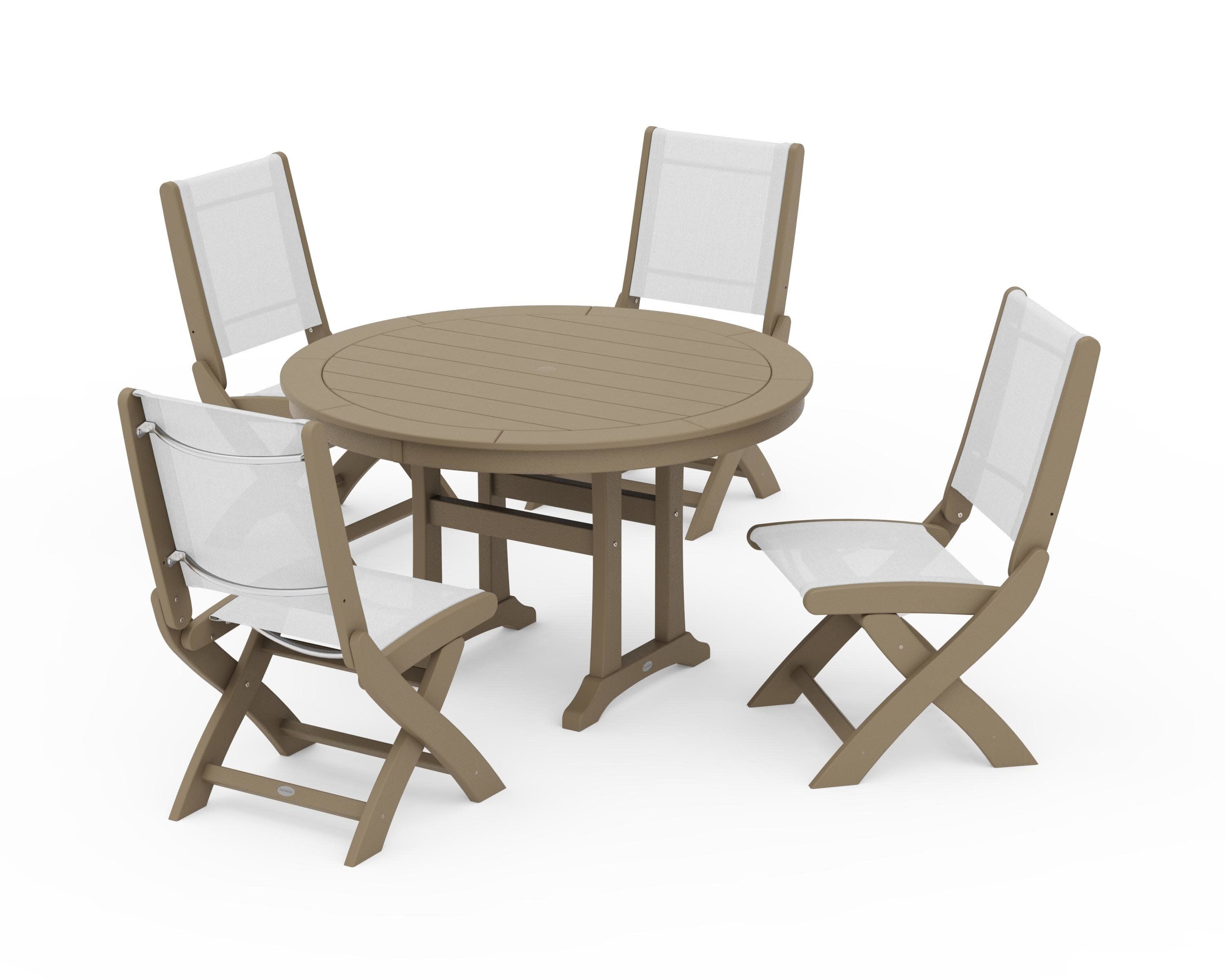 Coastal Folding Side Chair 5-Piece Round Dining Set With Trestle Legs in Vintage Sahara / White Sling