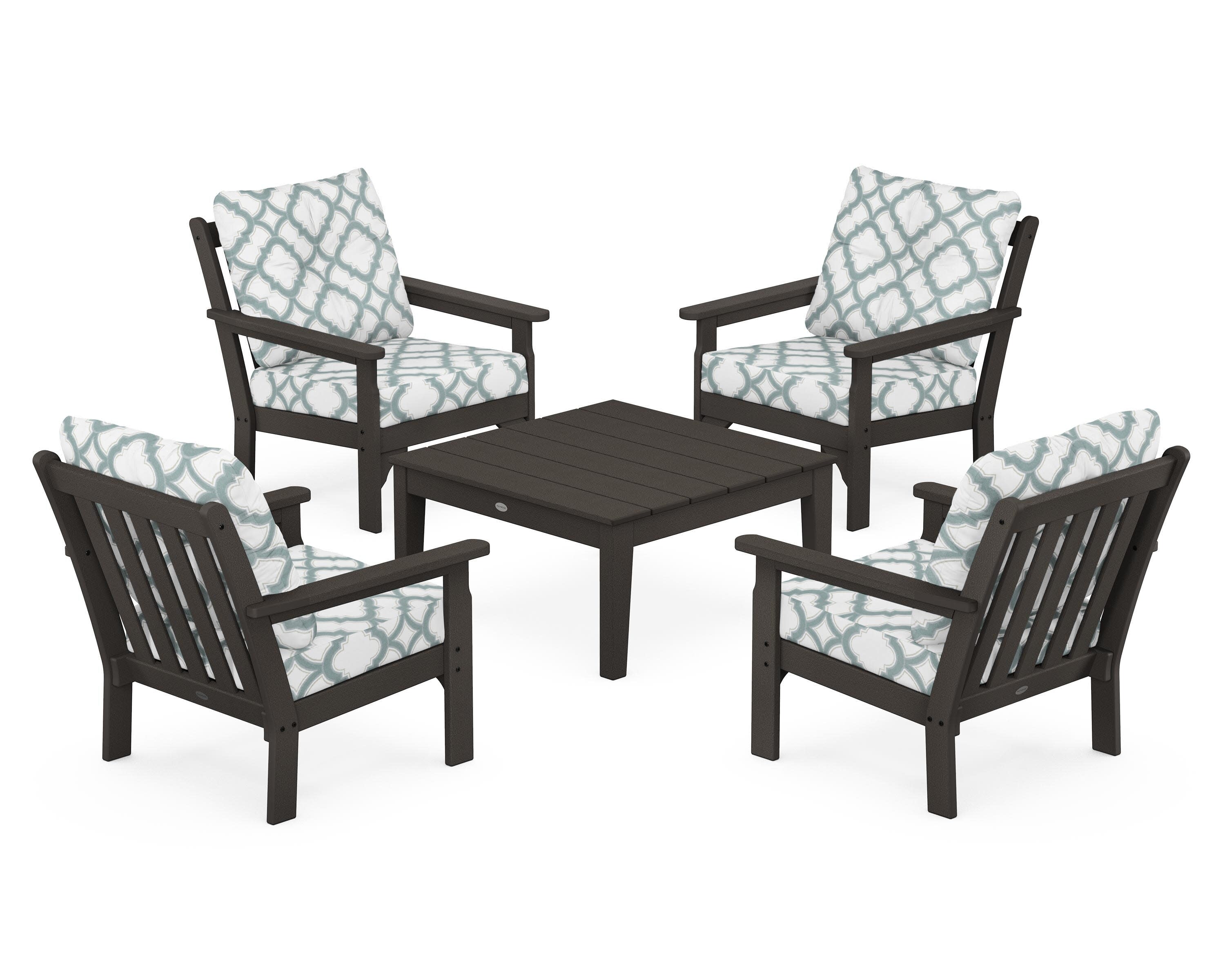 Vineyard 5-Piece Deep Seating Conversation Set in Vintage Coffee / Trellis Glacier Spa