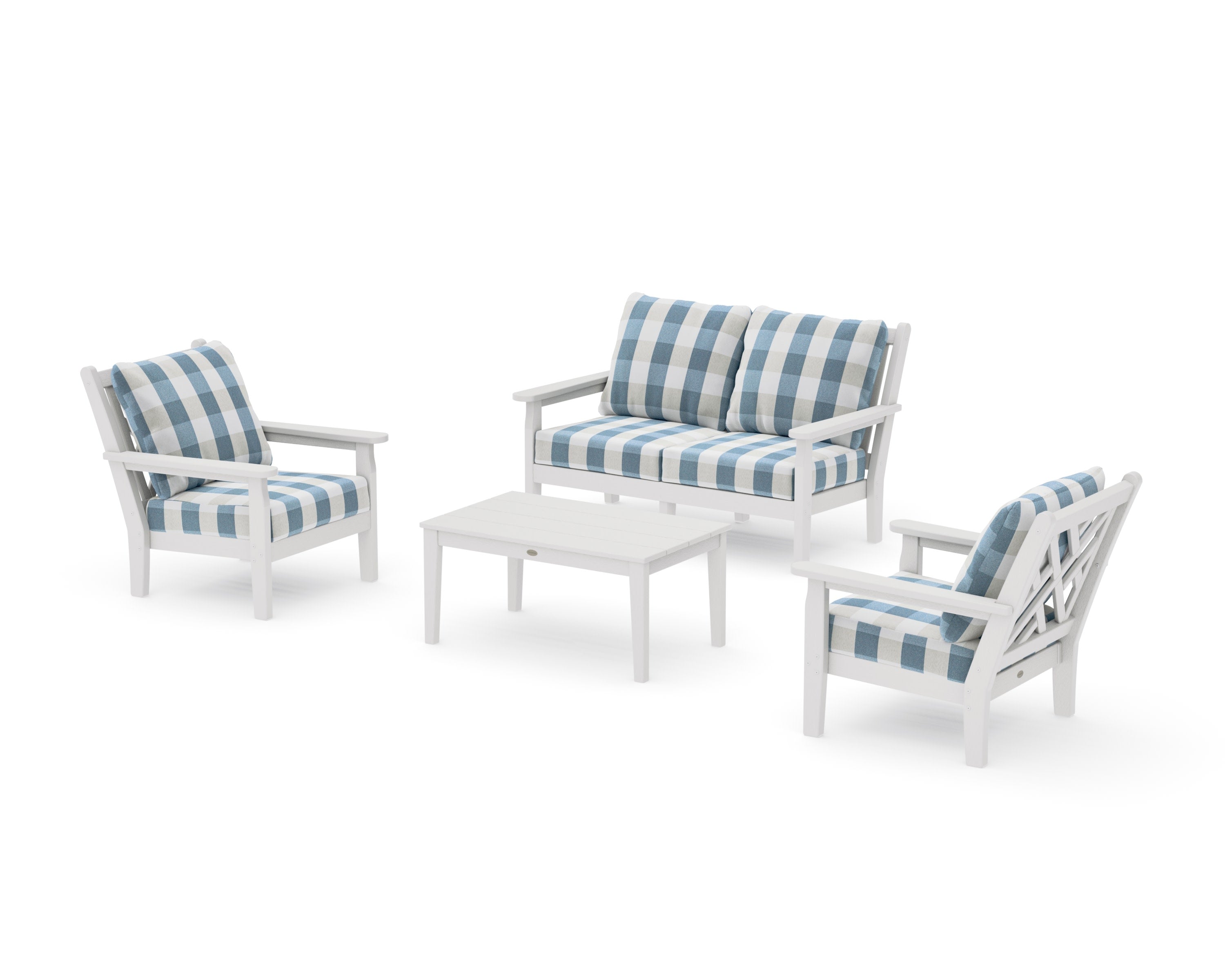 Chippendale 4-Piece Deep Seating Set with Loveseat in Vintage White / Buffalo Plaid Sky Blue
