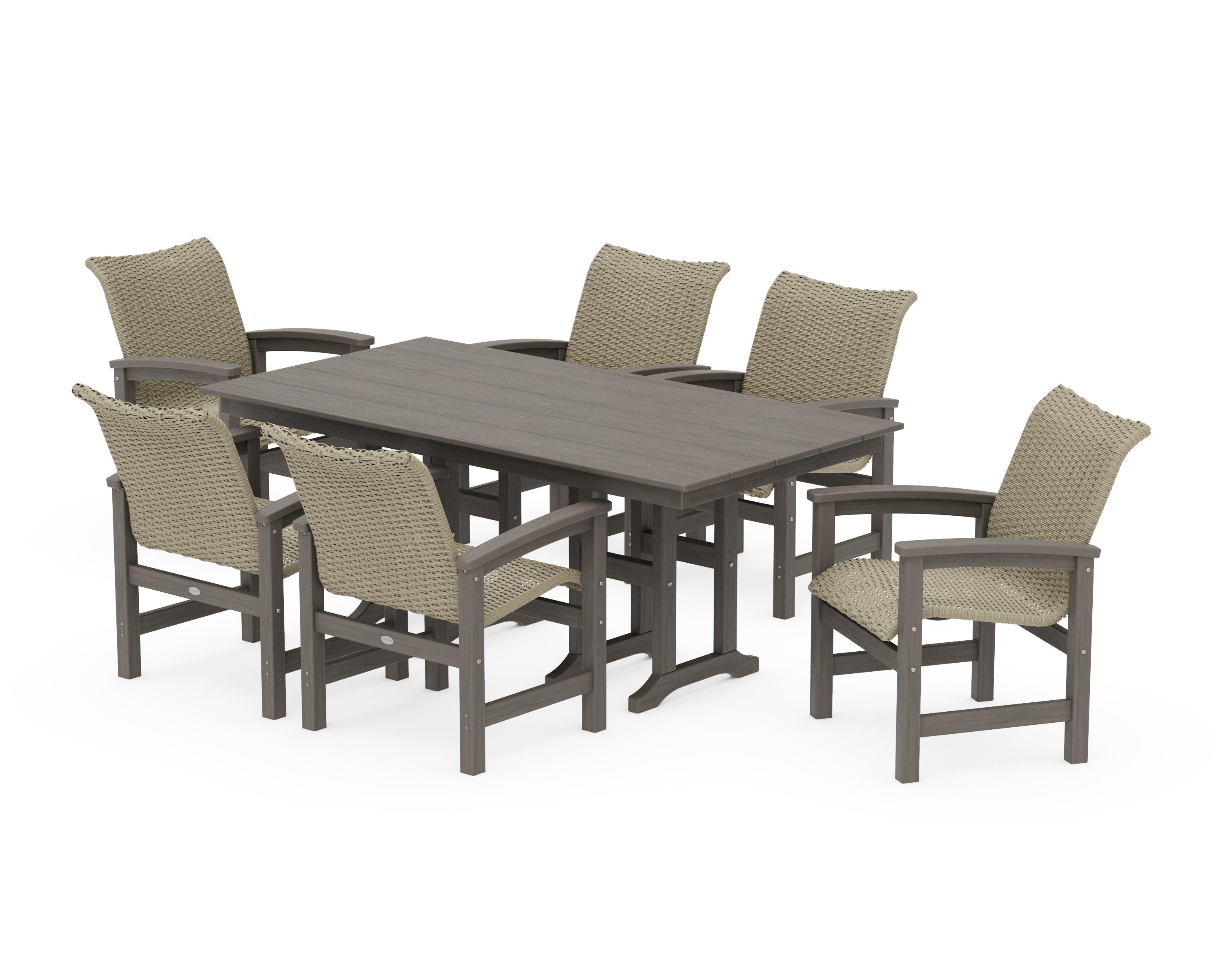 Coastal Woven Arm Chair 7-Piece Farmhouse Dining Set in Driftwood / Dune Grass