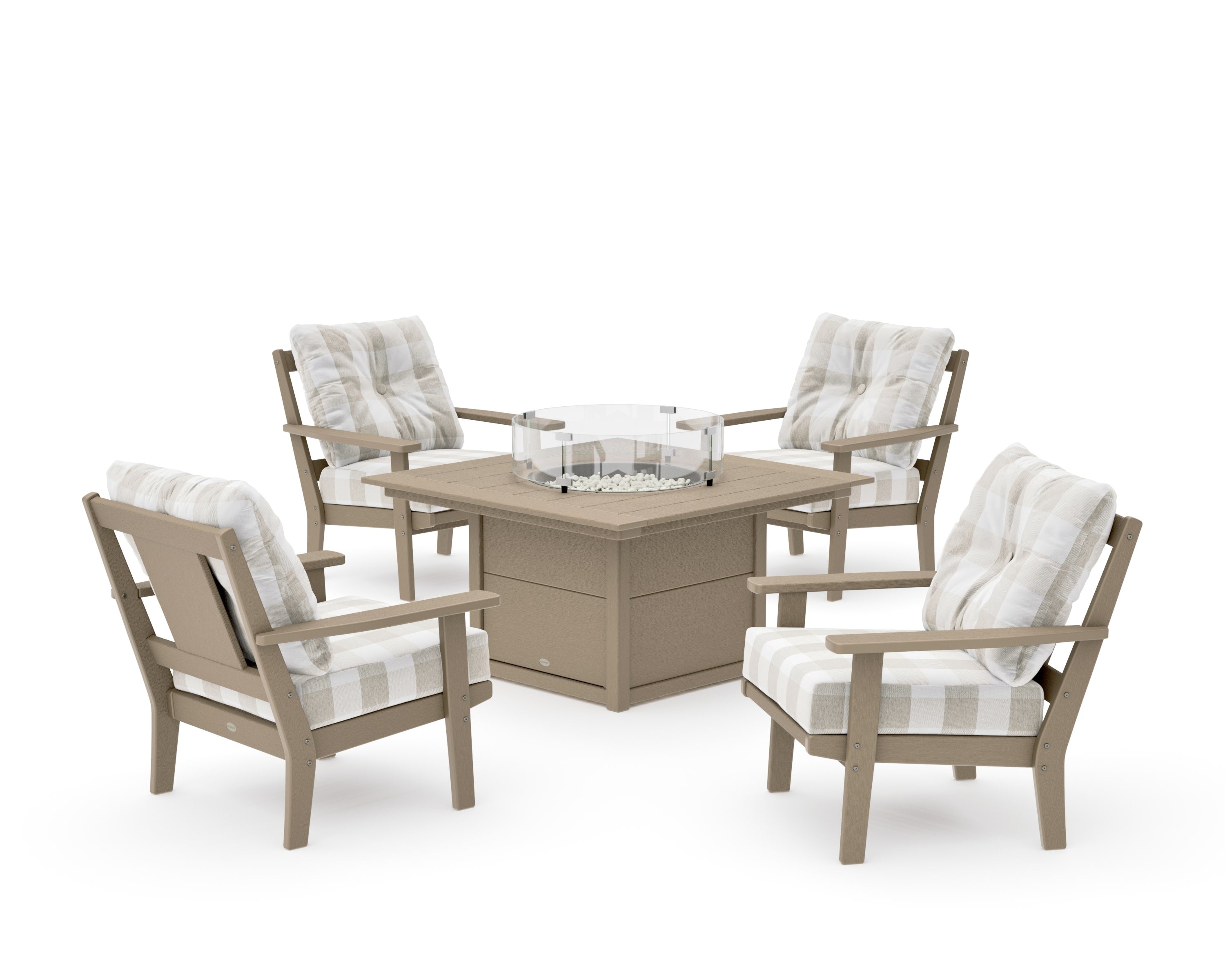Prairie 5-Piece Deep Seating Set with Fire Pit Table in Vintage Sahara / Buffalo Plaid Dune Burlap