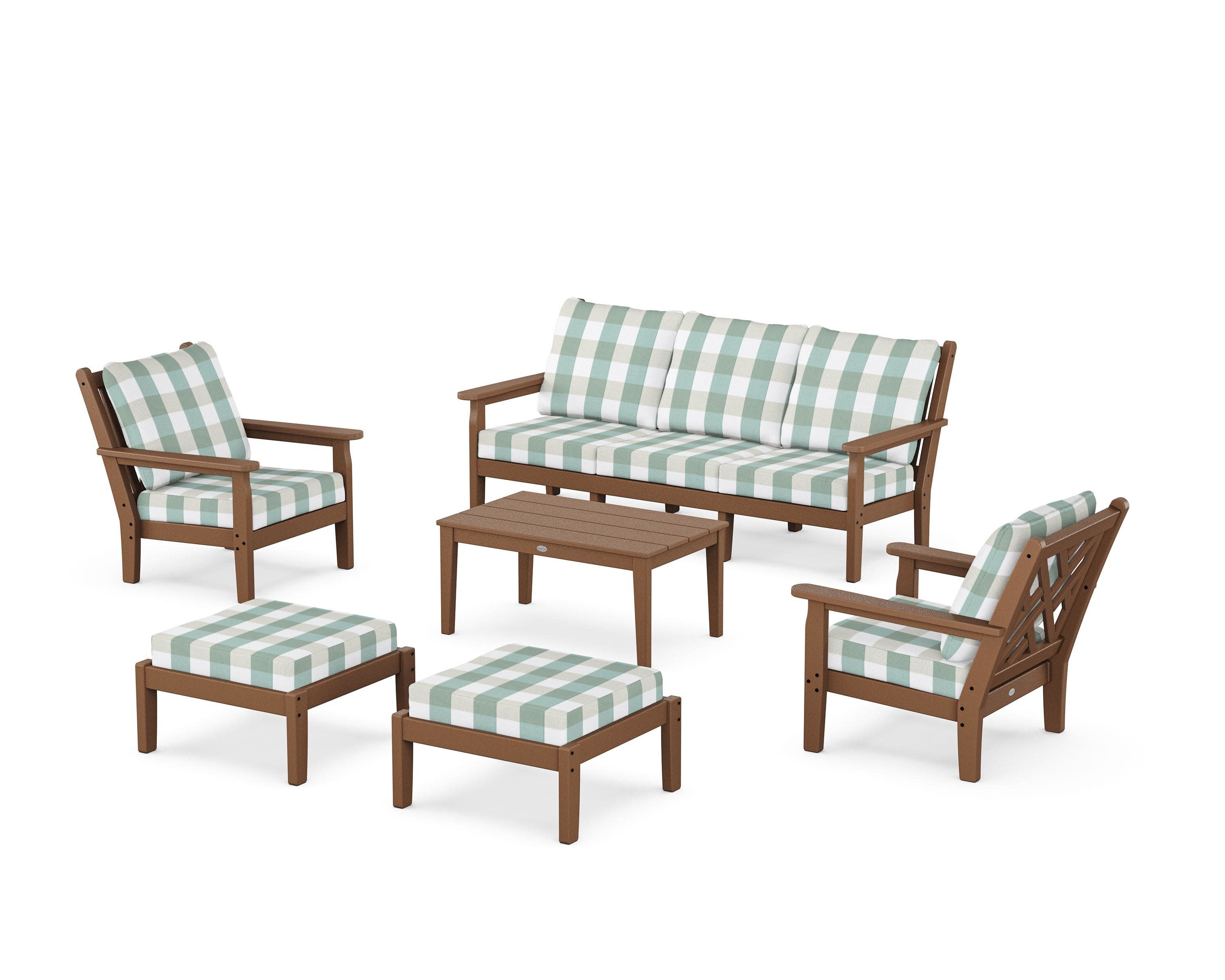 Chippendale 6-Piece Lounge Sofa Set in Teak / Buffalo Plaid Glacier Spa