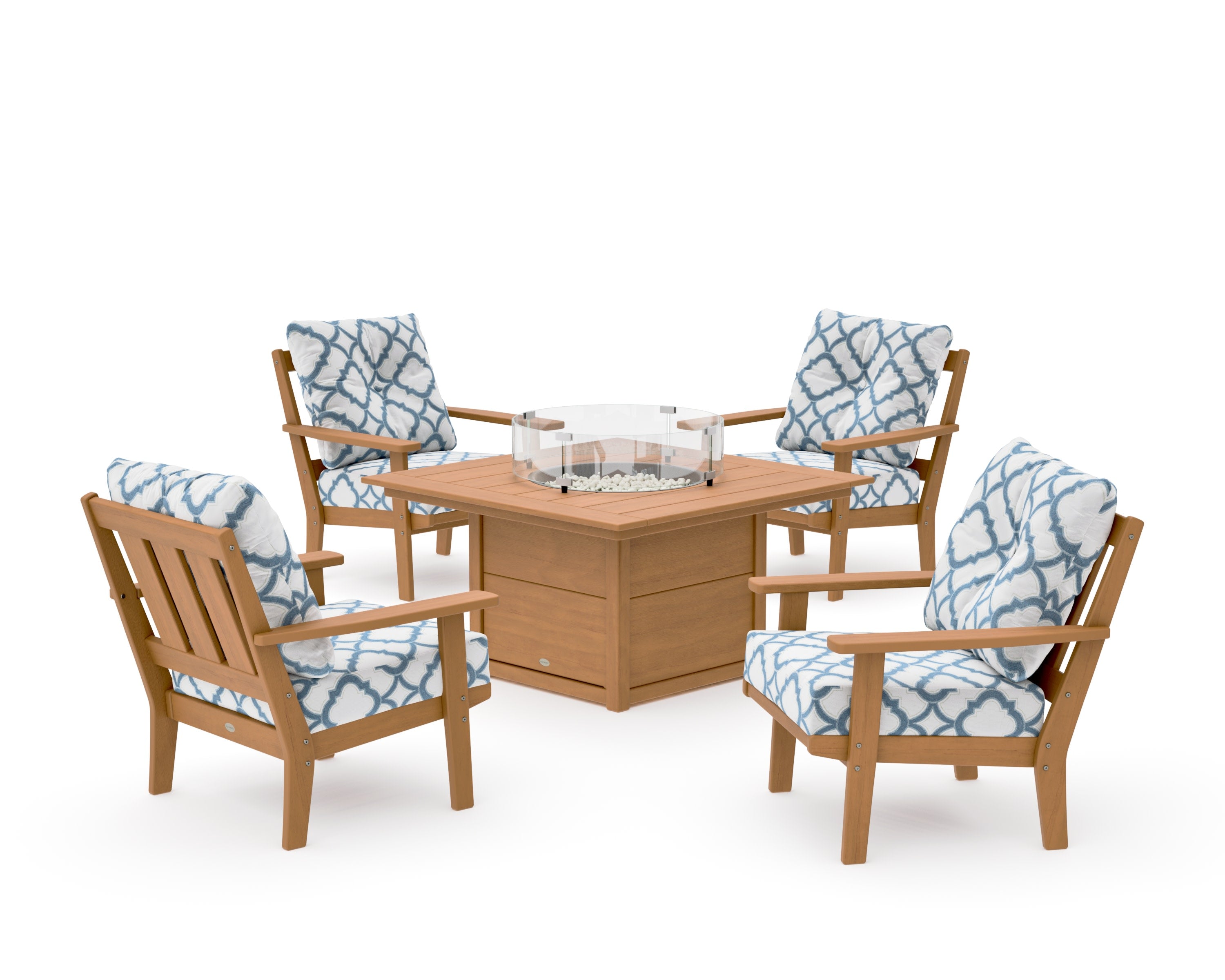 Oxford 5-Piece Deep Seating Set with Fire Pit Table in Natural / Trellis Sky Blue
