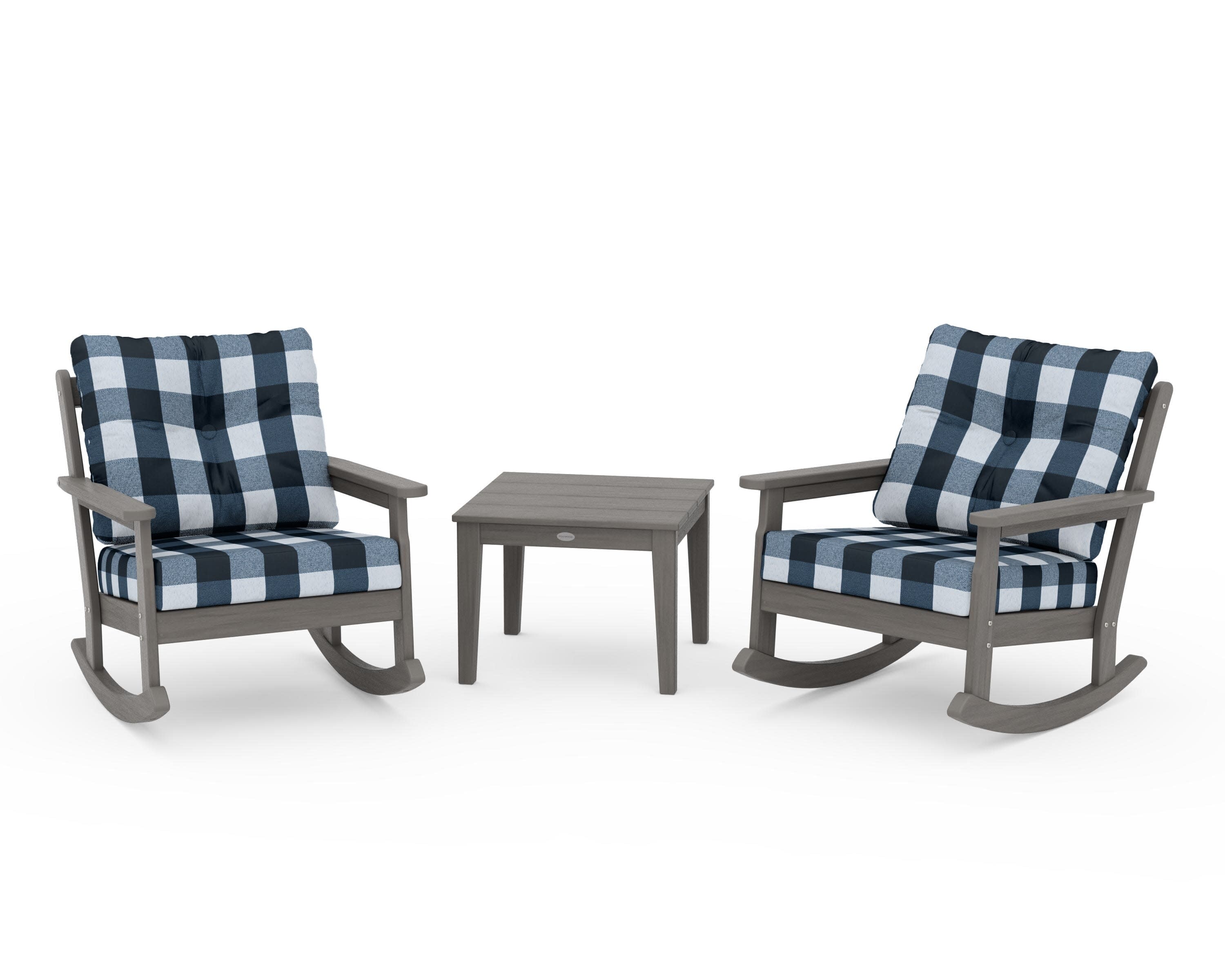Vineyard 3-Piece Deep Seating Rocker Set in Driftwood / Buffalo Plaid Marine Indigo