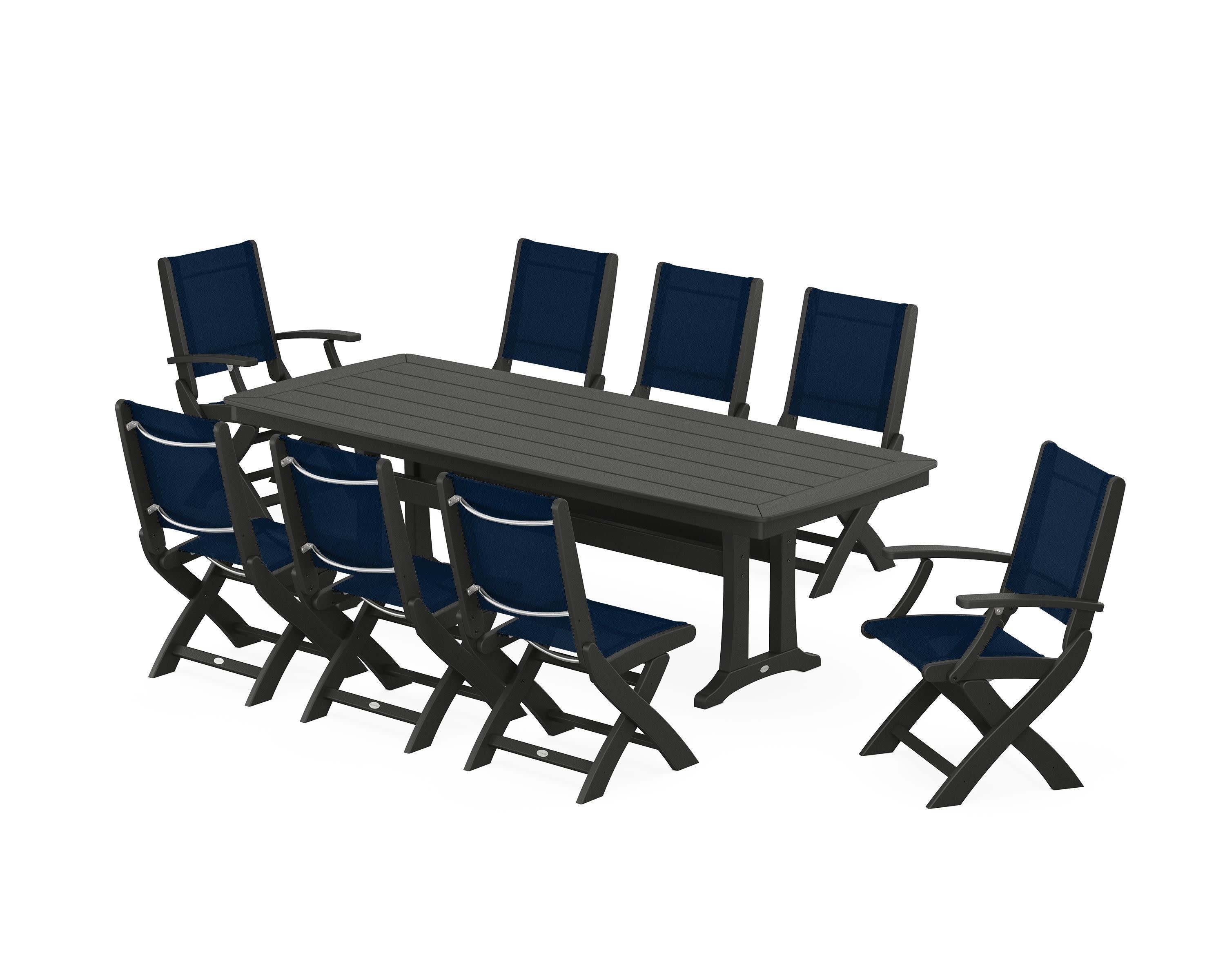 Coastal Folding 9-Piece Dining Set with Trestle Legs in Black / Navy Blue Sling
