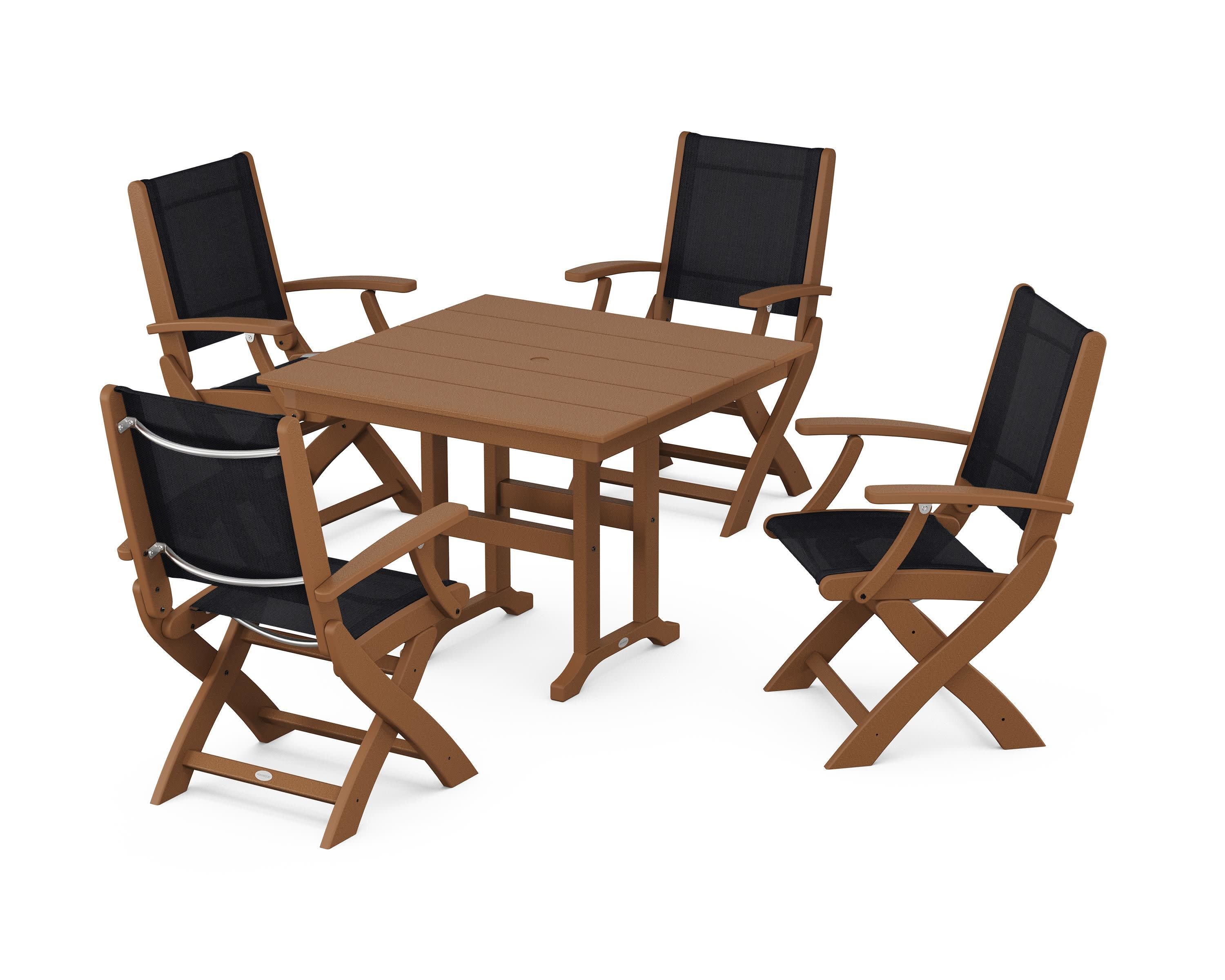 Coastal Folding Chair 5-Piece Farmhouse Dining Set in Teak / Black Sling
