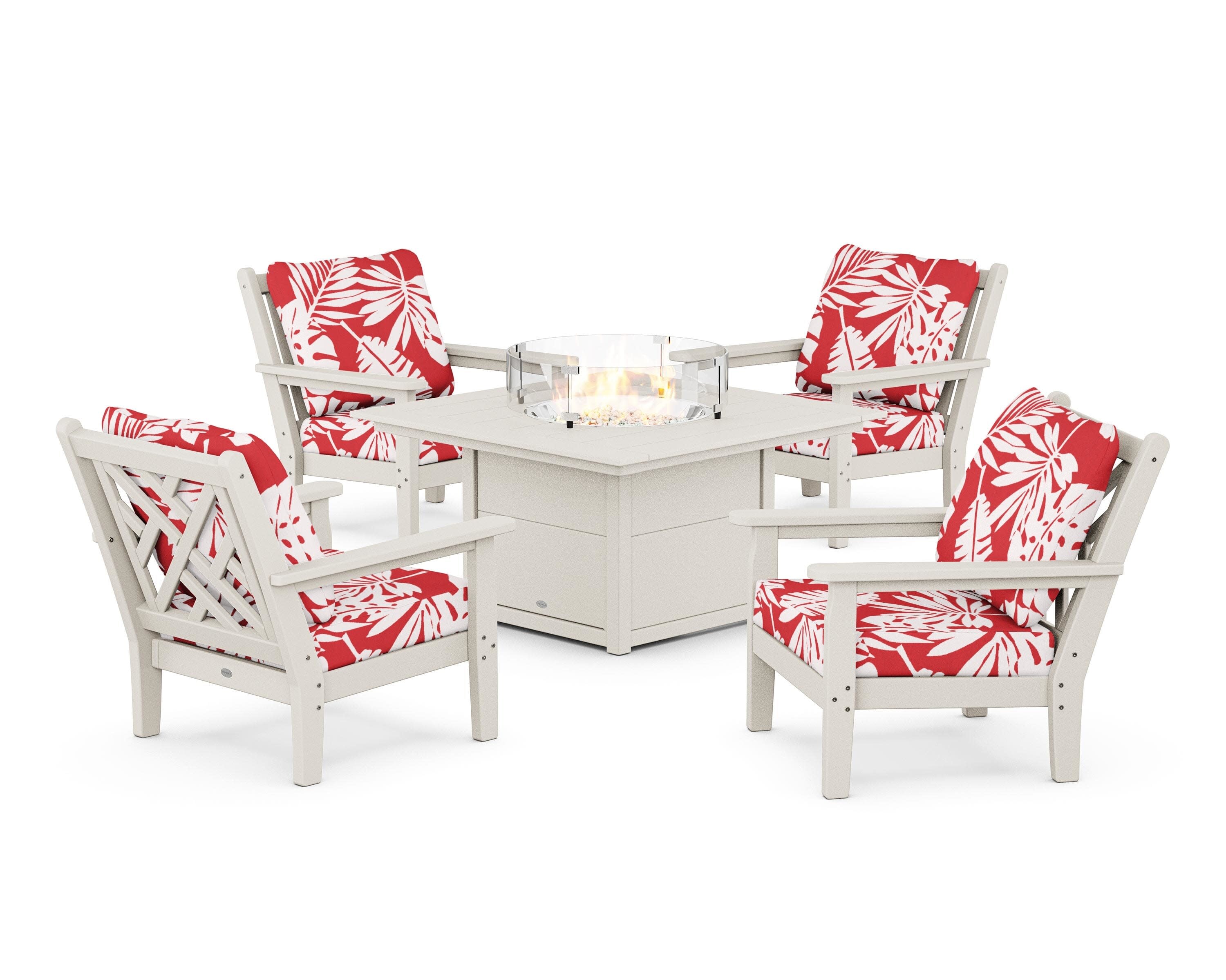 Chippendale 5-Piece Deep Seating Set with Fire Pit Table in Sand / Leaf Crimson