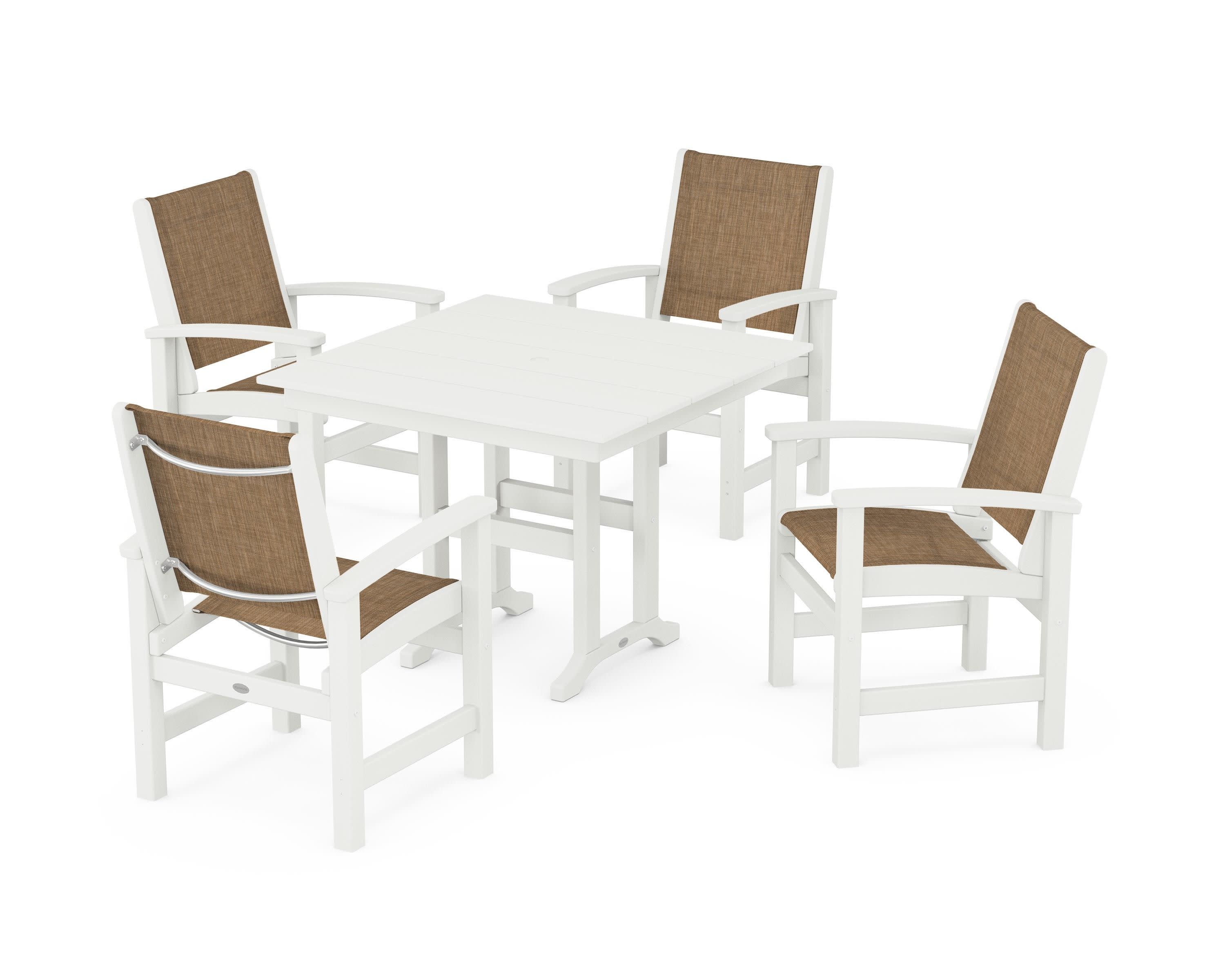Coastal 5-Piece Farmhouse Dining Set in Vintage White / Burlap Sling