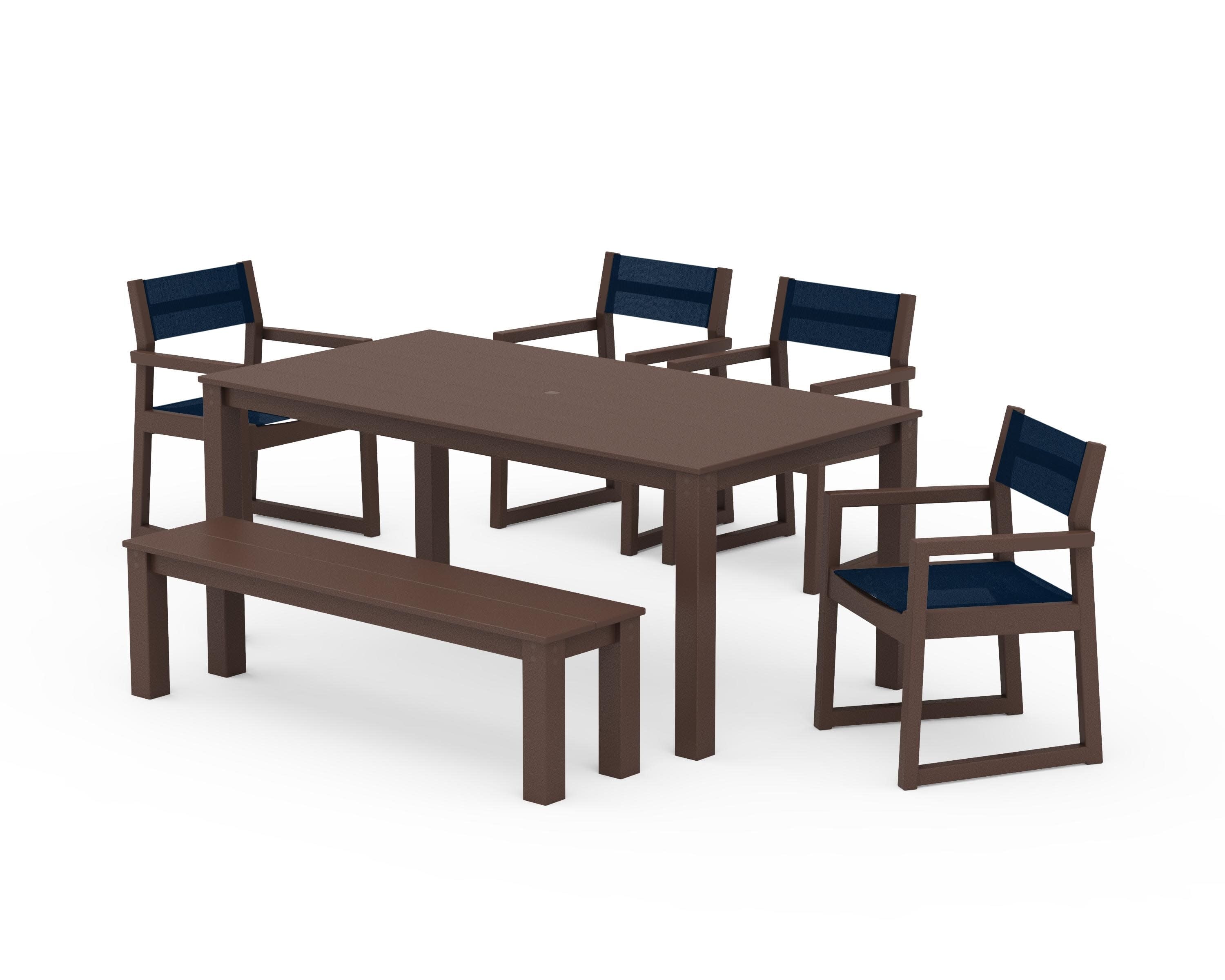 EDGE Sling Arm Chair 6-Piece Parsons Dining Set with Bench in Mahogany / Navy Blue Sling