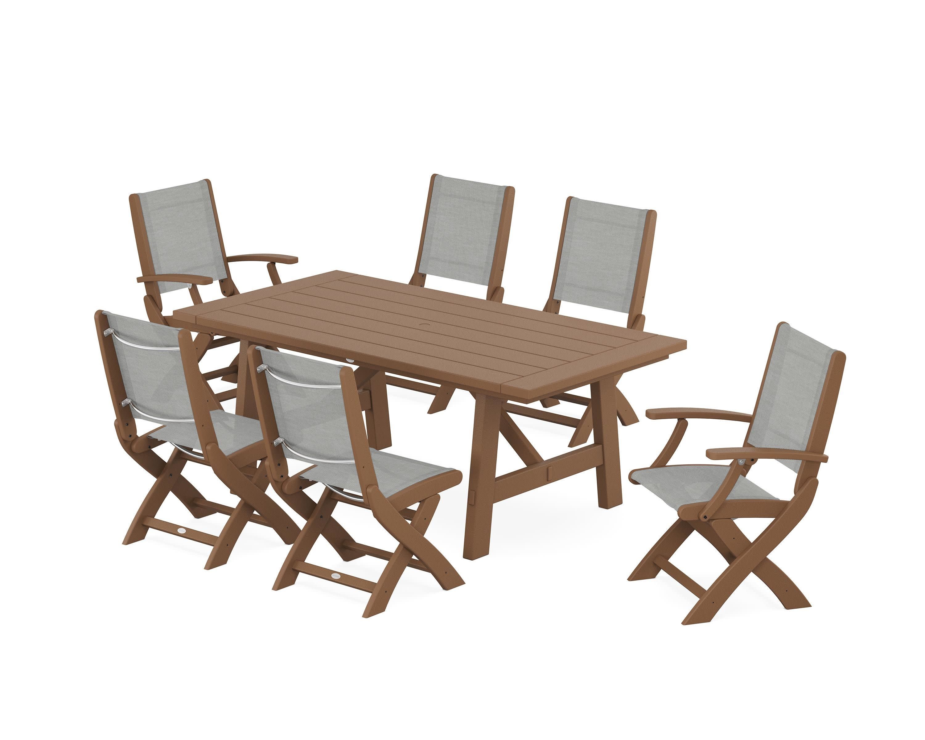 Coastal Folding Chair 7-Piece Rustic Farmhouse Dining Set in Teak / Metallic Sling