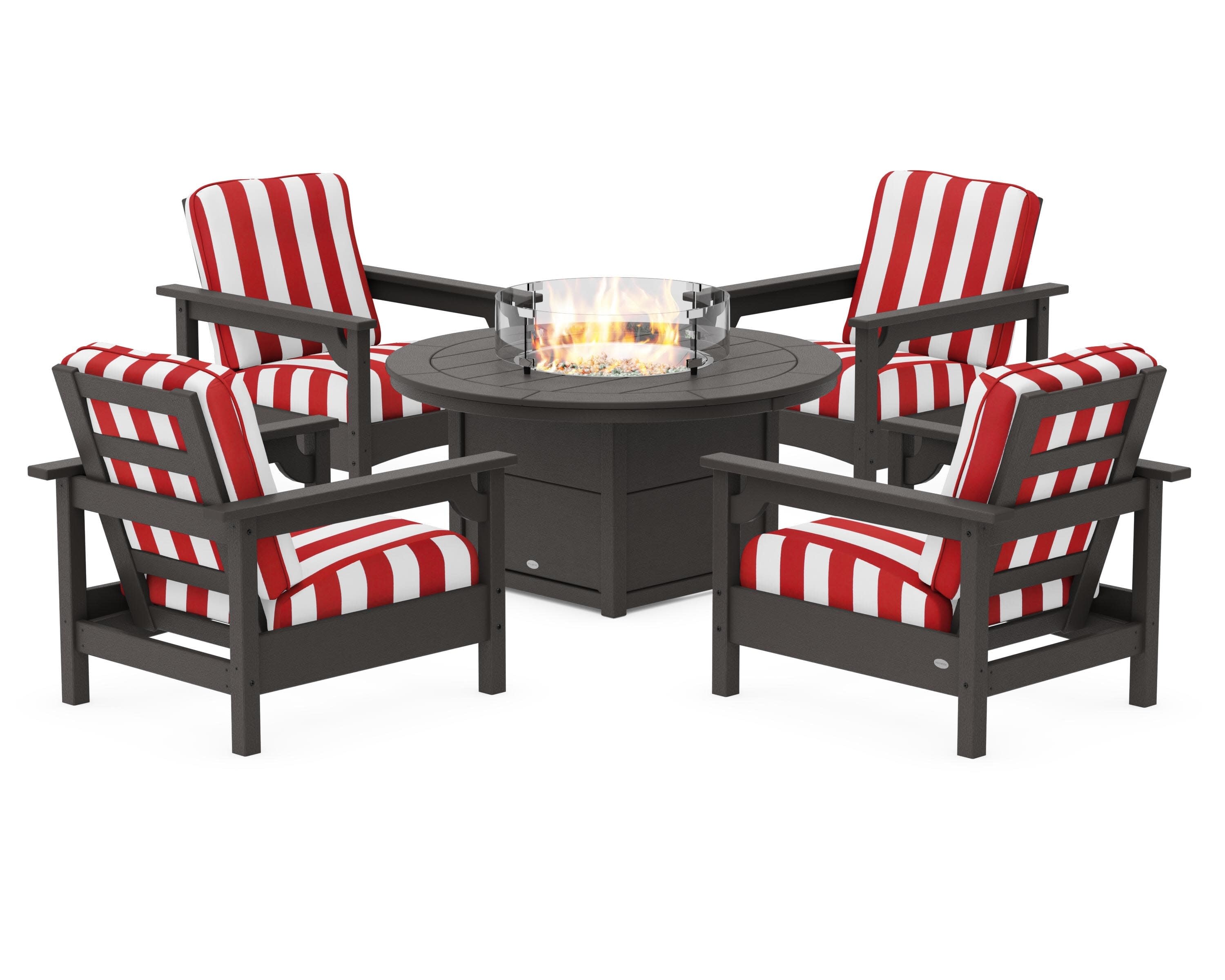Club 5-Piece Conversation Set with Fire Pit Table in Vintage Coffee / Cabana Stripe Crimson