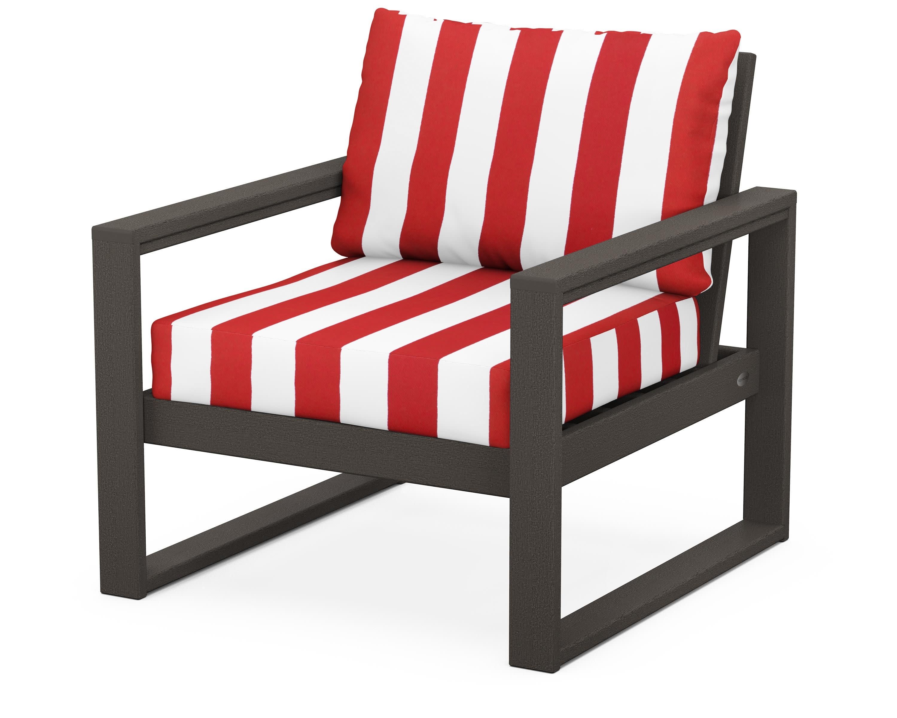 EDGE Club Chair in Vintage Coffee / Cabana Stripe Crimson