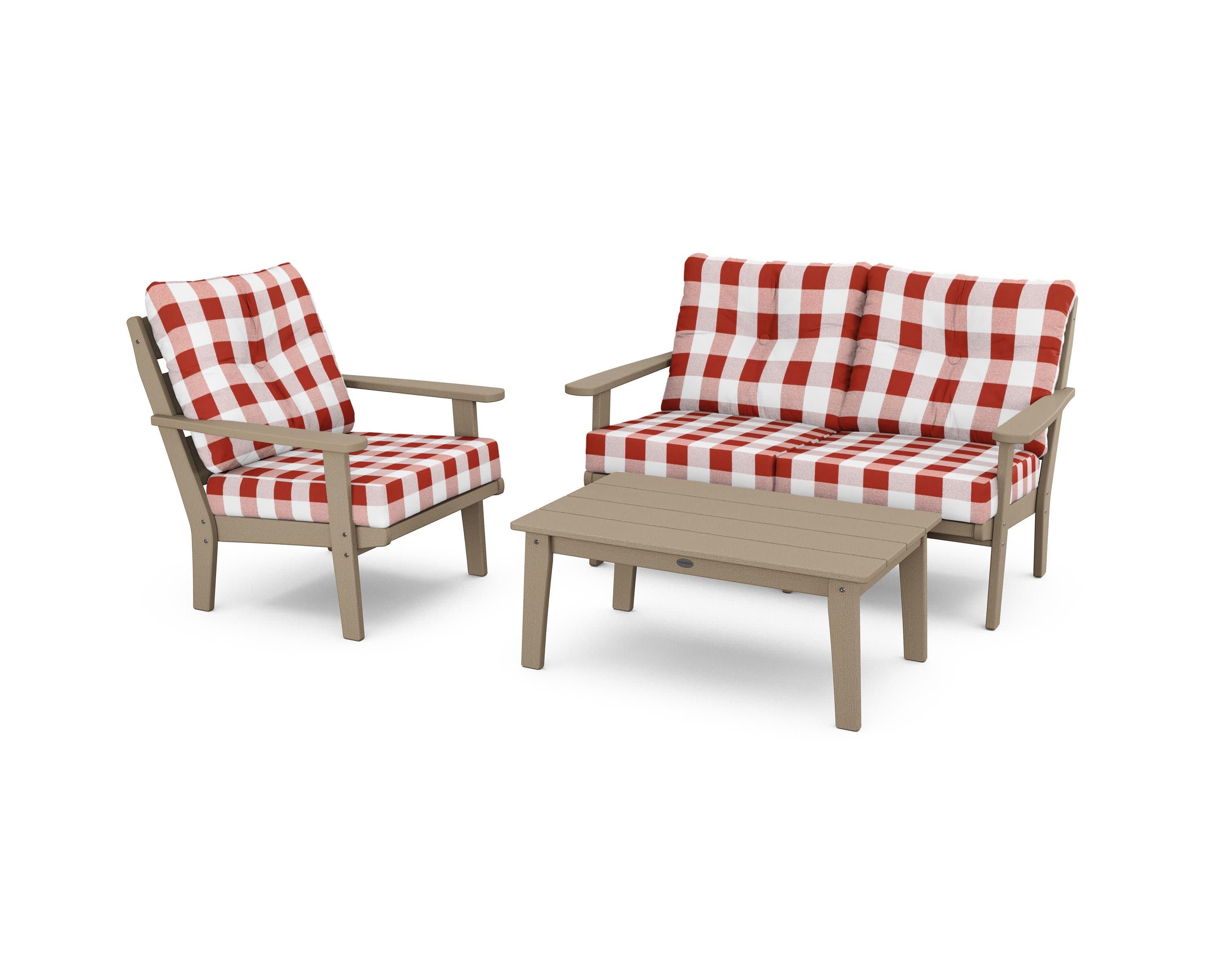 Lakeside 3-Piece Deep Seating Set in Vintage Sahara / Buffalo Plaid Crimson