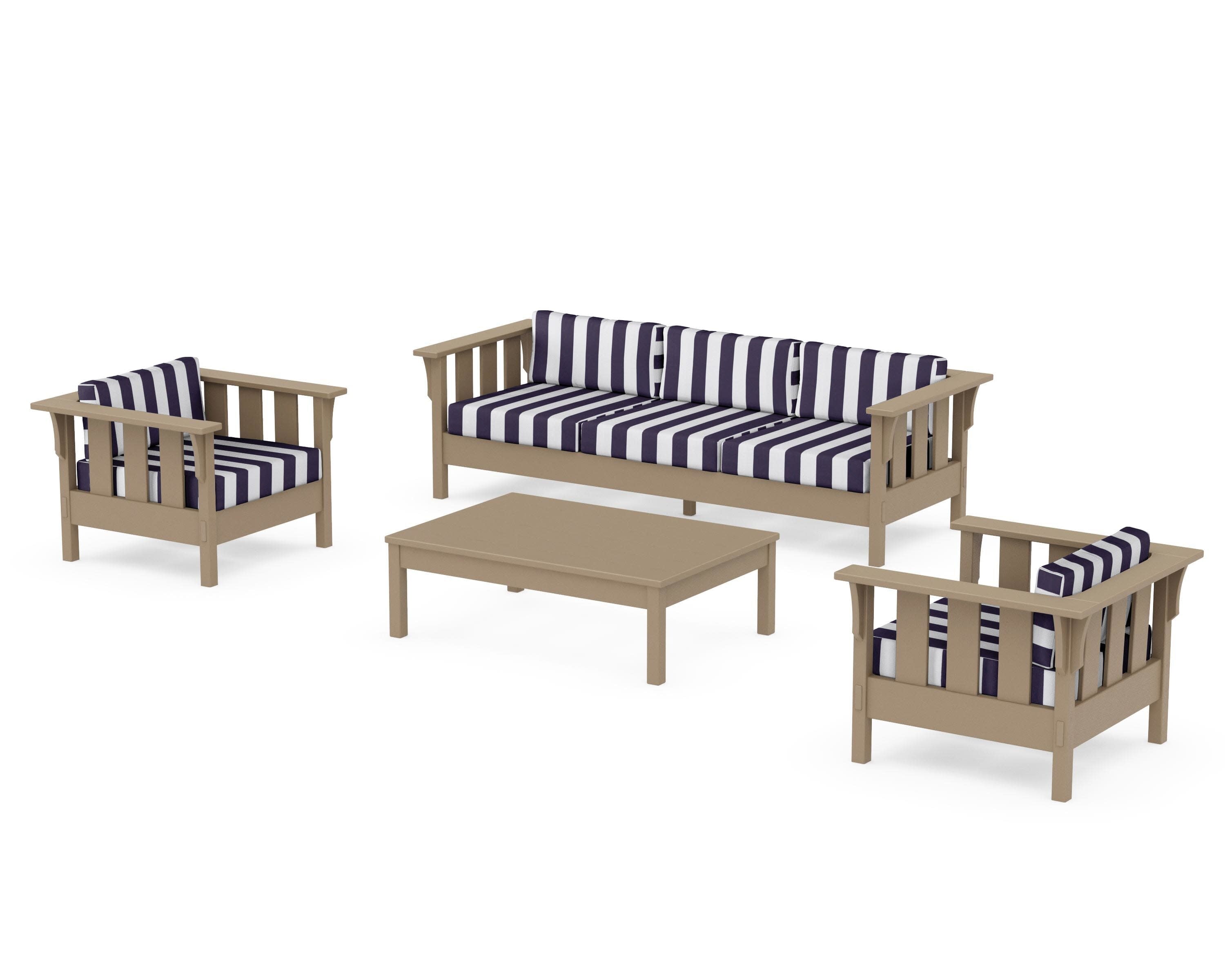 Acadia 4-Piece Deep Seating Set with Sofa in Vintage Sahara / Cabana Stripe Navy