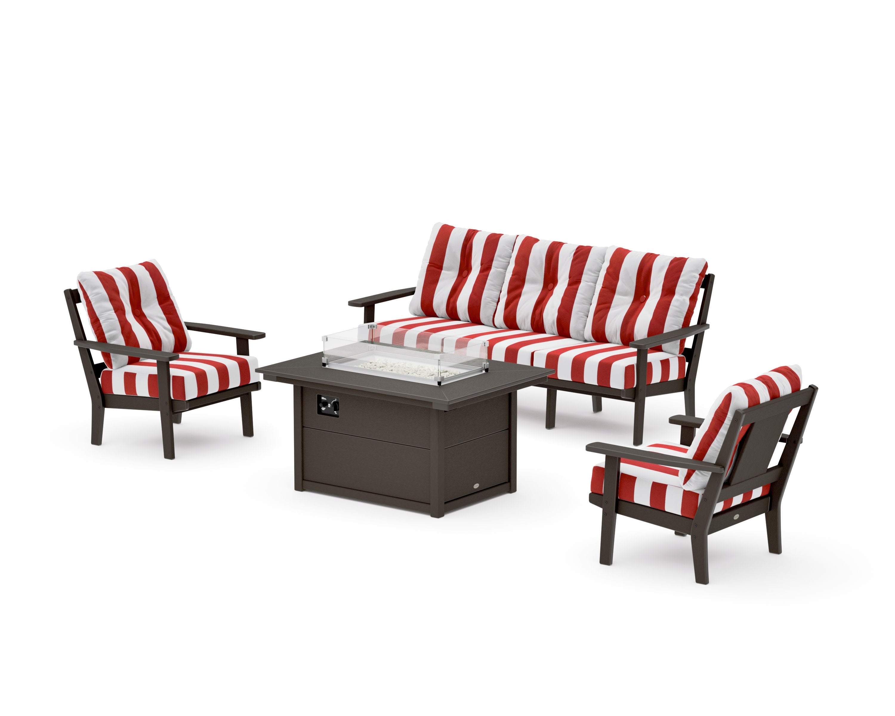 Prairie Deep Seating Fire Pit Table Set in Vintage Coffee / Cabana Stripe Crimson