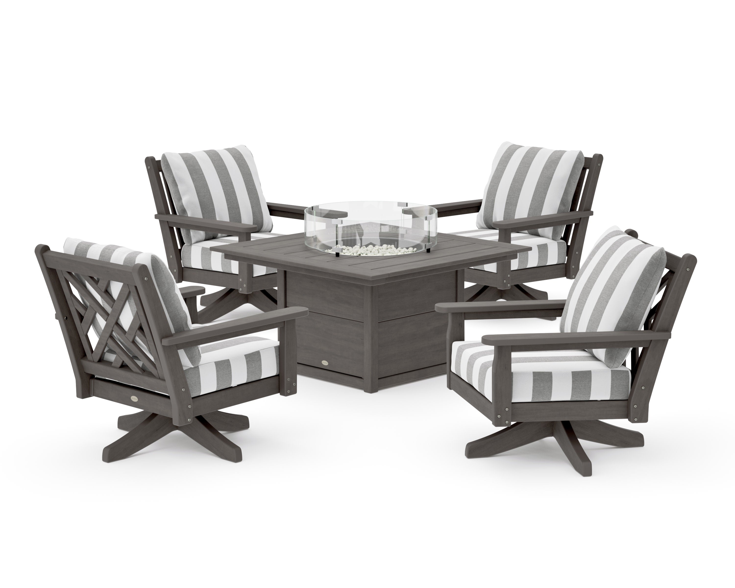 Chippendale 5-Piece Deep Seating Swivel Conversation Set with Fire Pit Table in Driftwood / Cabana Stripe Grey Mist