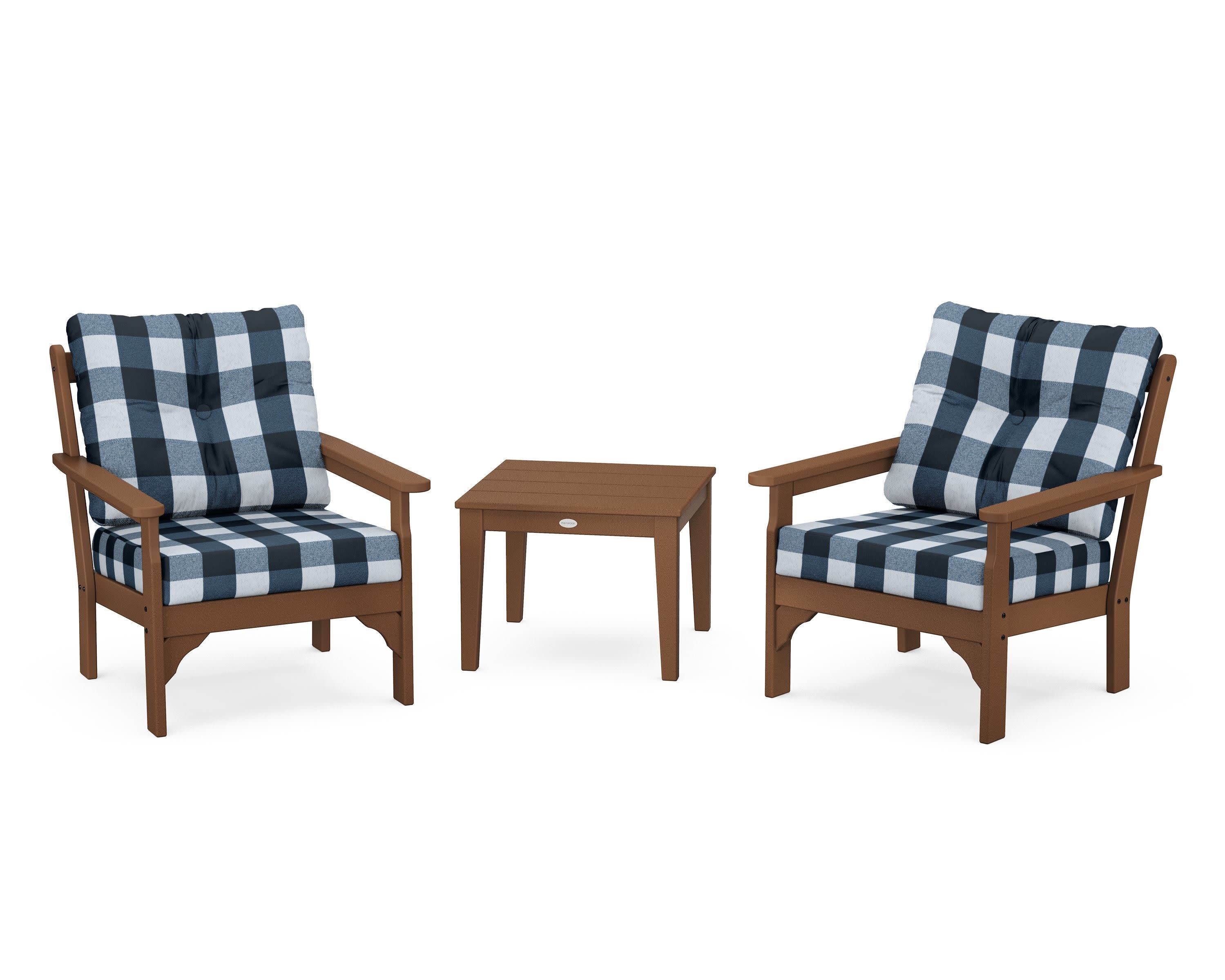 Vineyard 3-Piece Deep Seating Set in Teak / Buffalo Plaid Marine Indigo