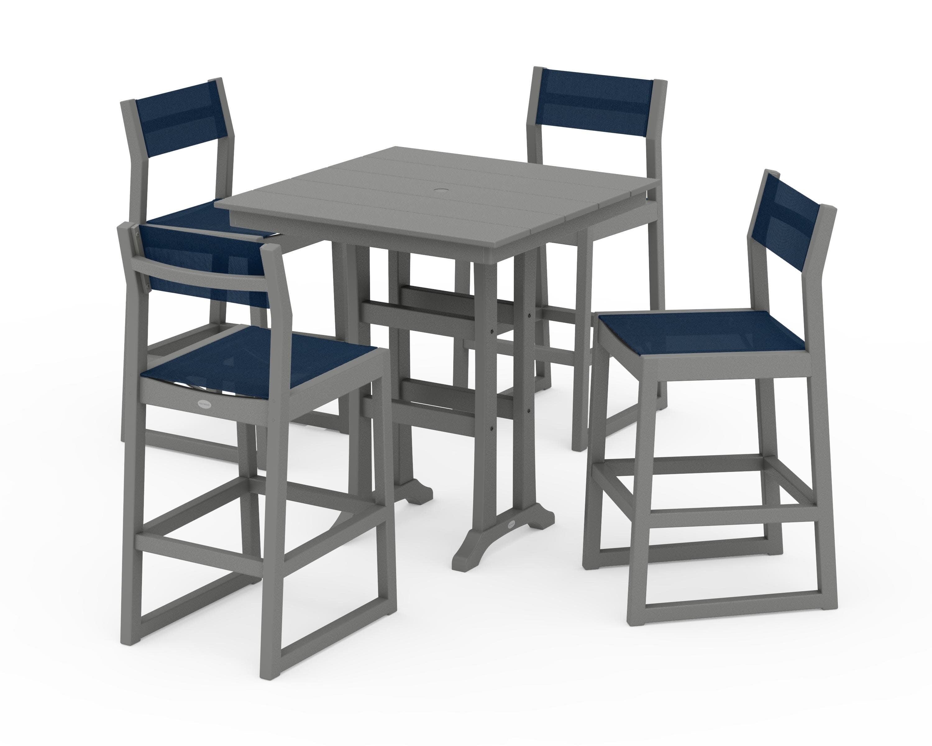 EDGE Sling Arm Chair 5-Piece Farmhouse Bar Set with Trestle Legs in Slate Grey / Navy Blue Sling