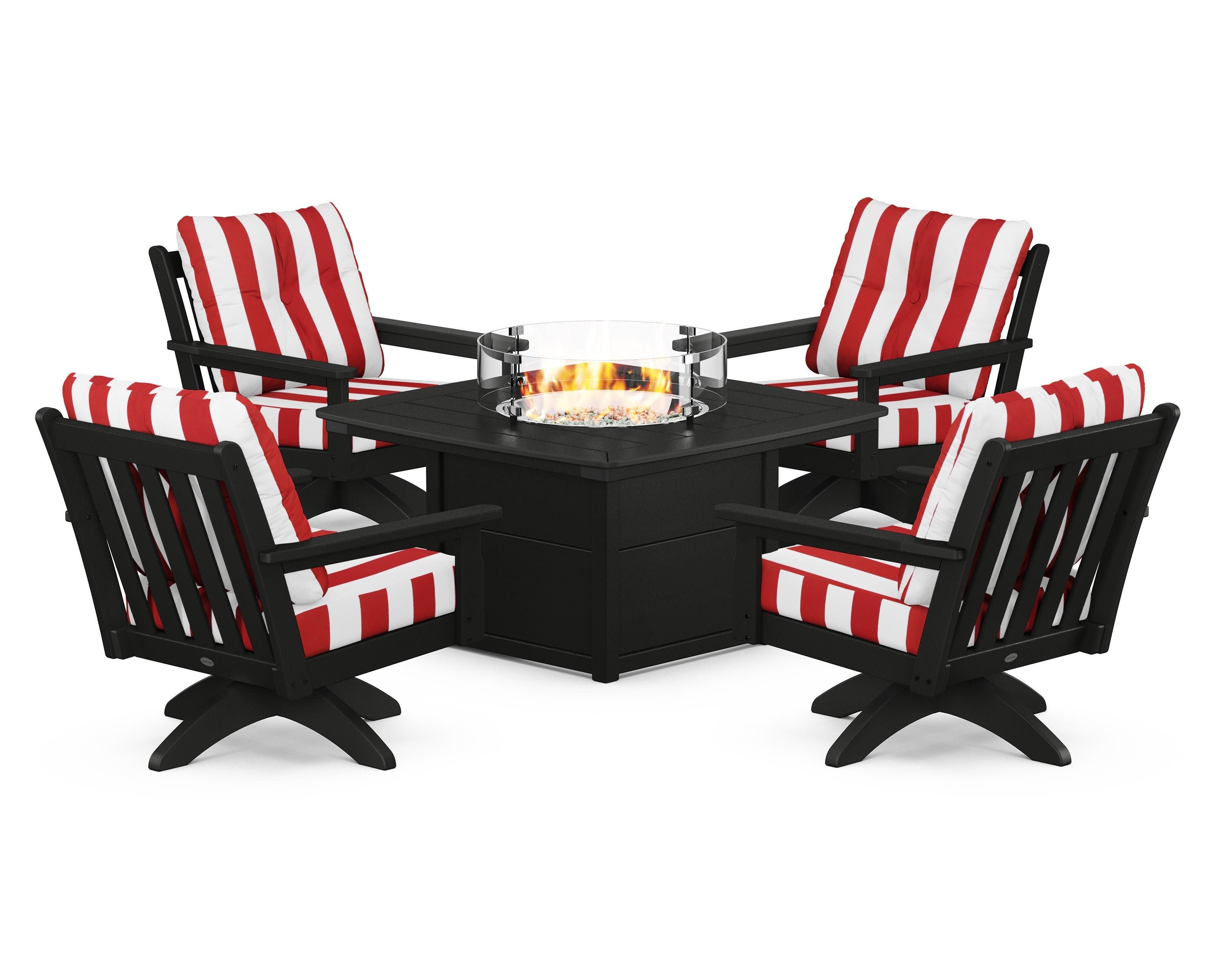 Vineyard 5-Piece Deep Seating Swivel Conversation Set with Fire Pit Table in Black / Cabana Stripe Crimson