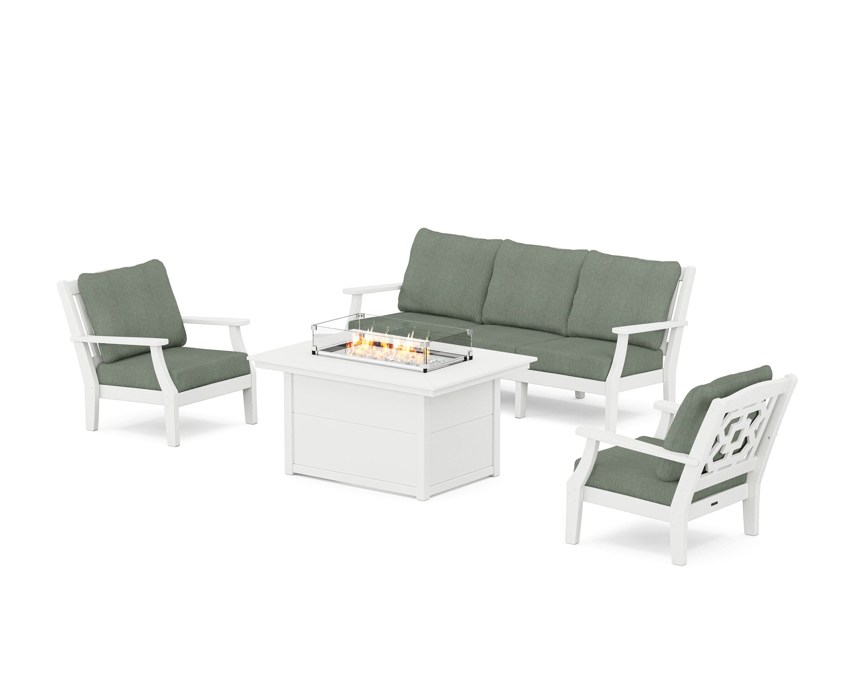 Chinoiserie Deep Seating Fire Pit Table Set in White / Cast Sage