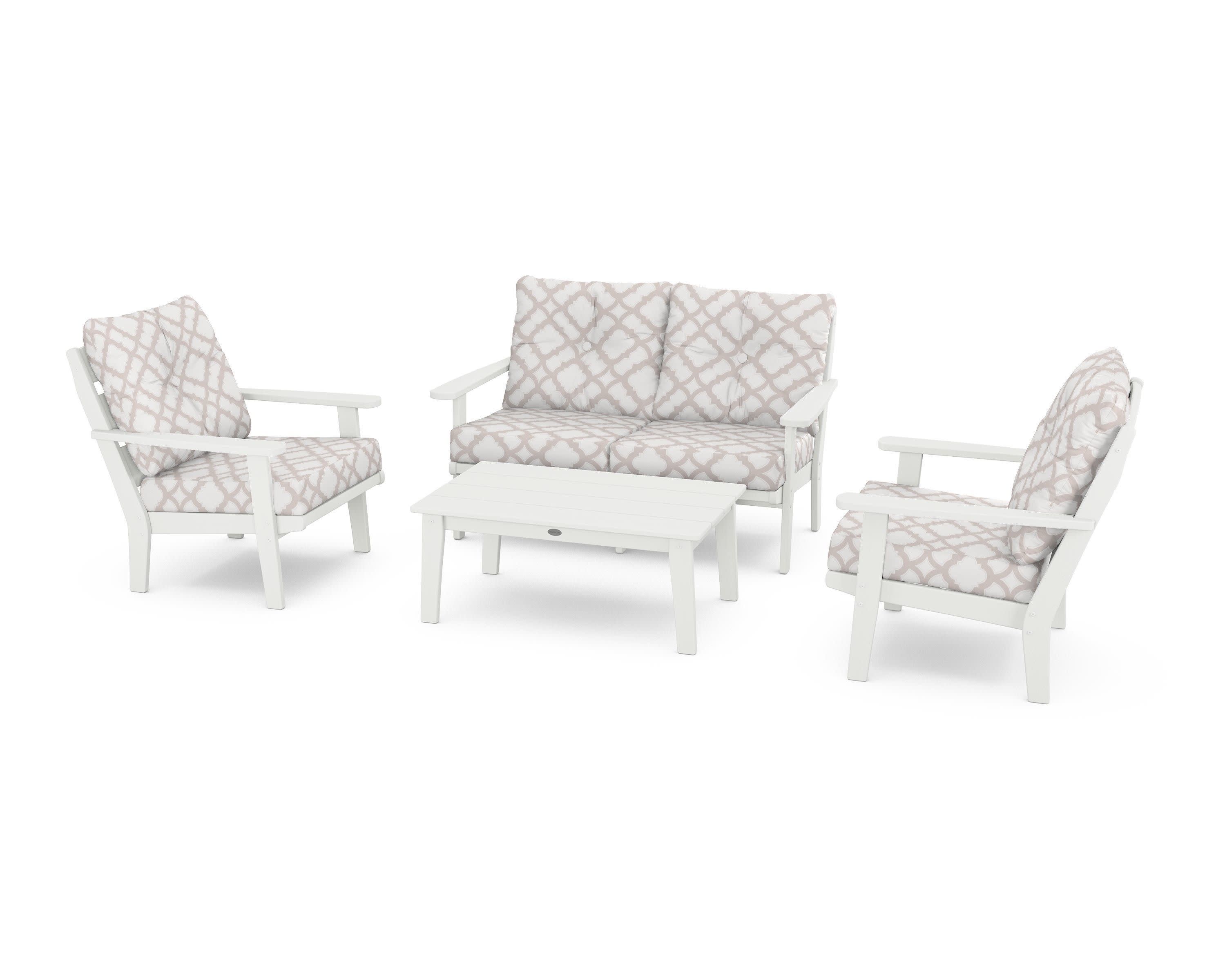 Lakeside 4-Piece Deep Seating Set in Vintage White / Trellis Dune Burlap