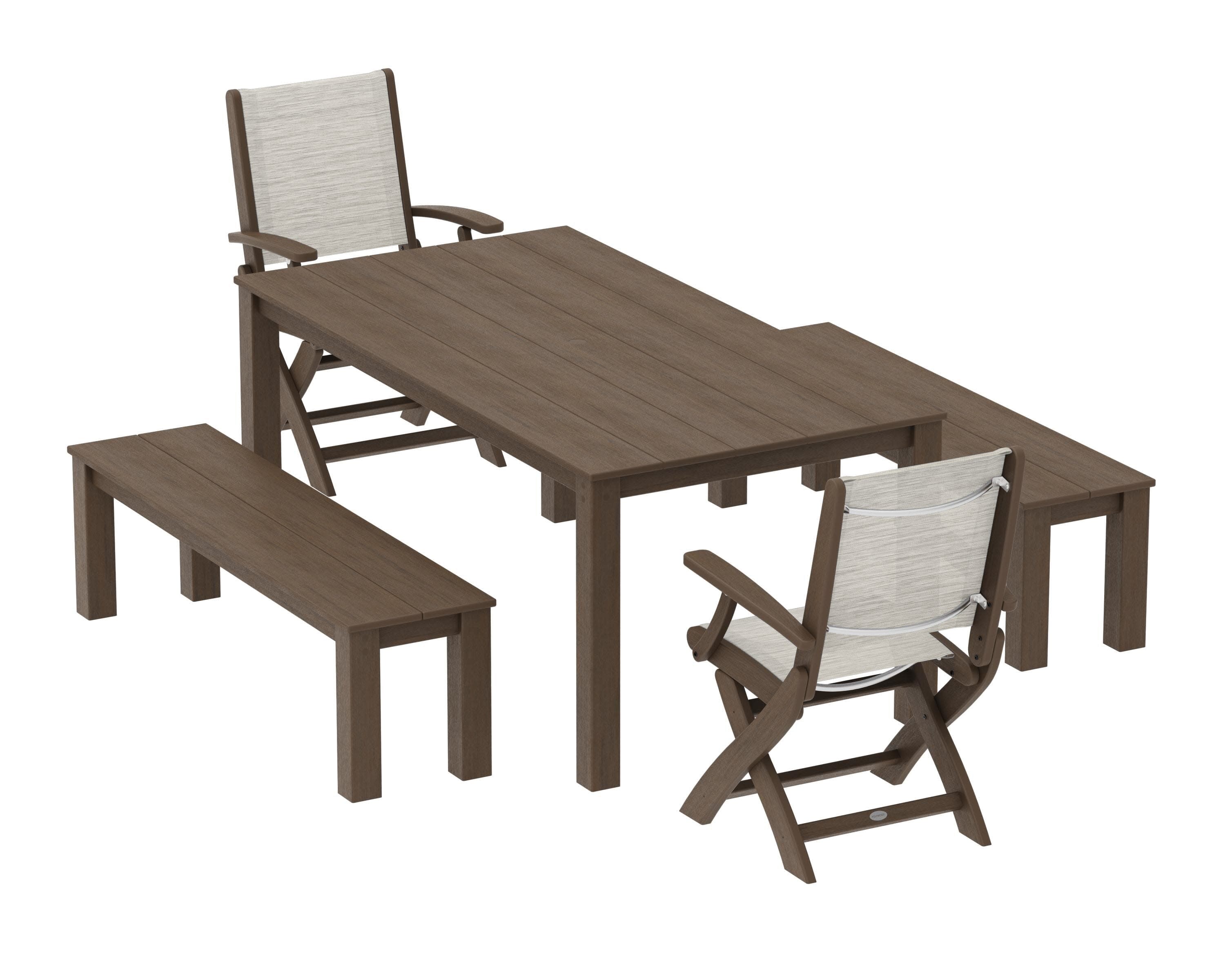 Coastal Folding Chair 5-Piece Parsons Dining Set with Benches in Kona / Birch Sling