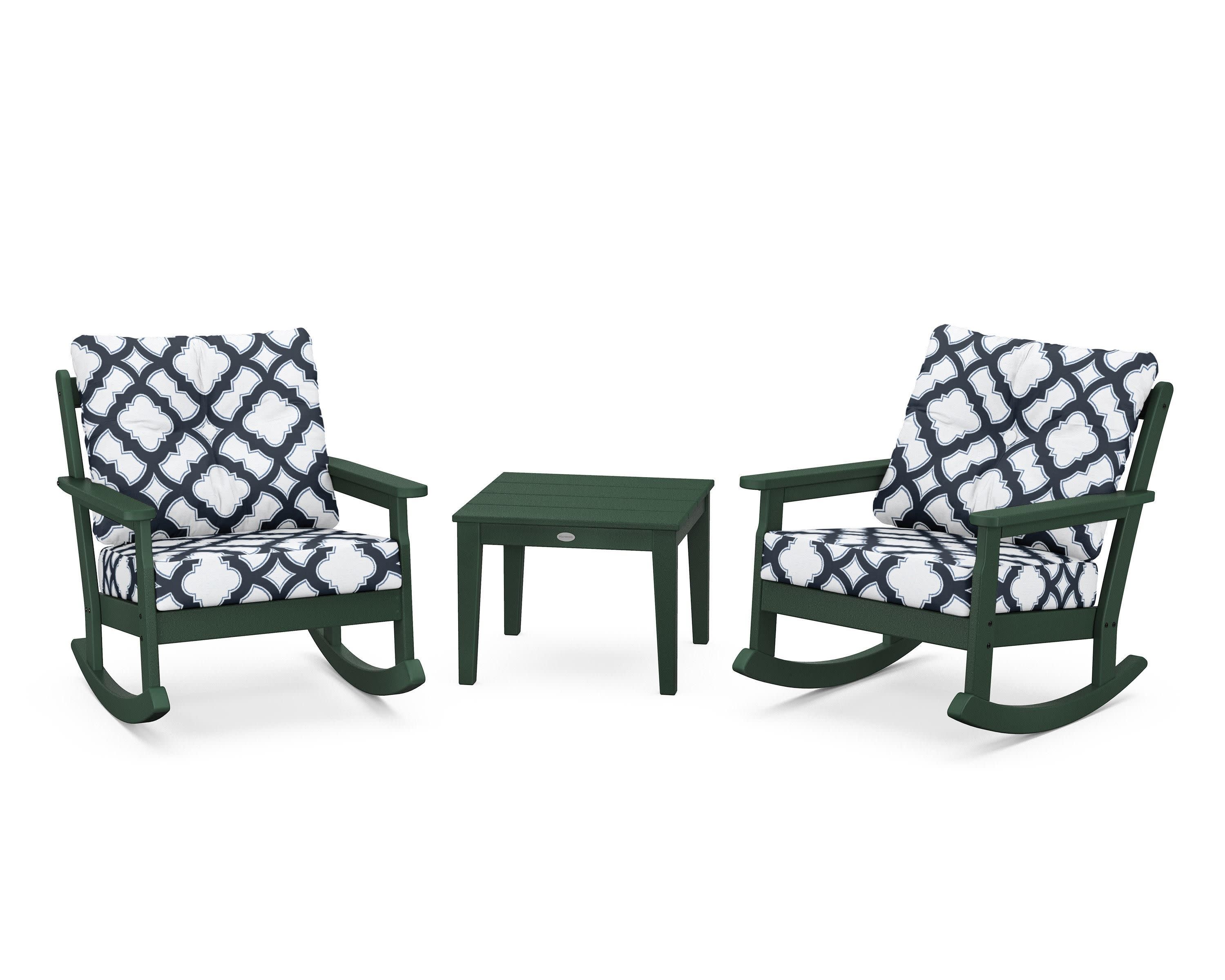 Vineyard 3-Piece Deep Seating Rocker Set in Green / Trellis Marine Indigo