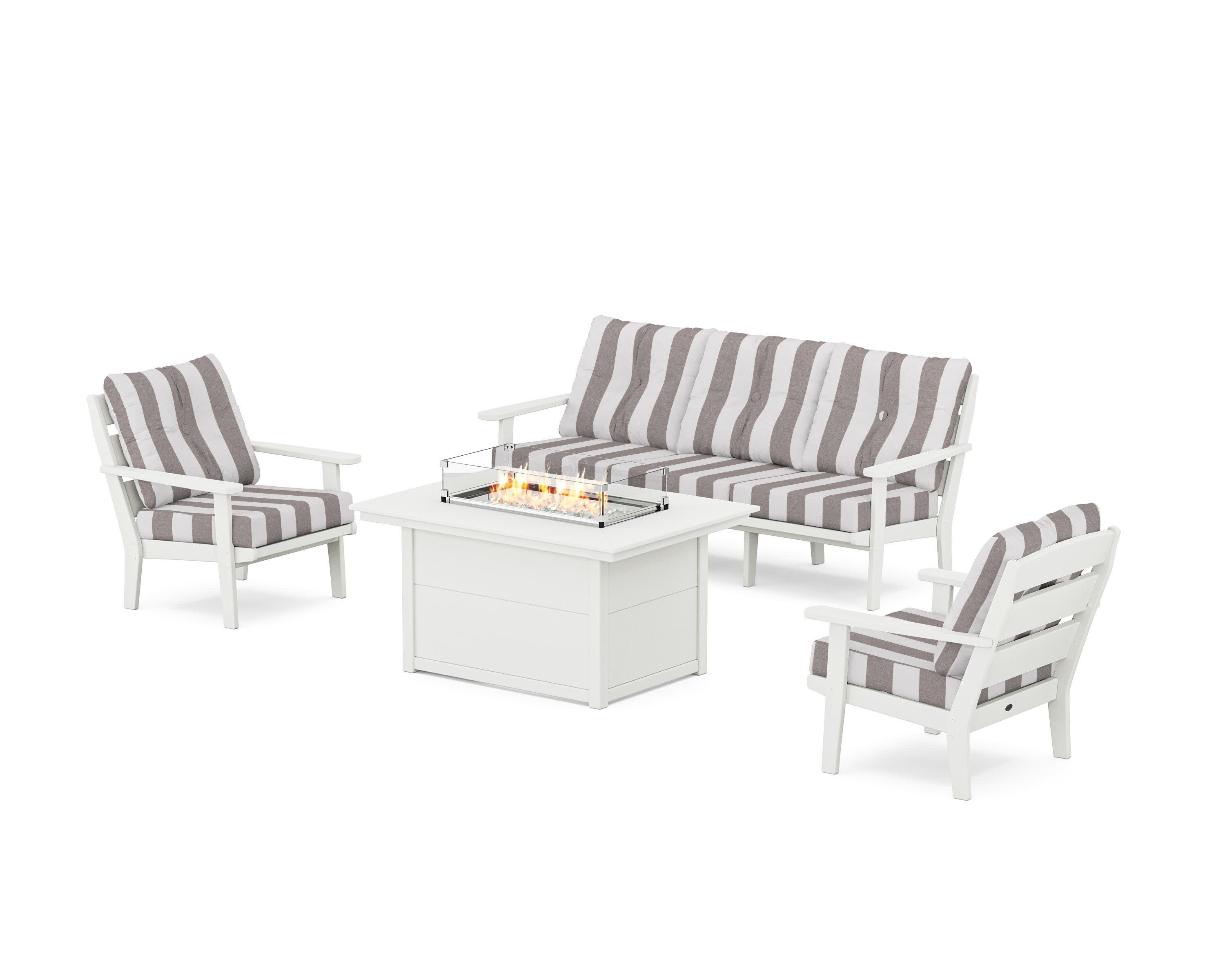 Lakeside Deep Seating Fire Pit Table Set in Vintage White / Cabana Stripe Grey Mist