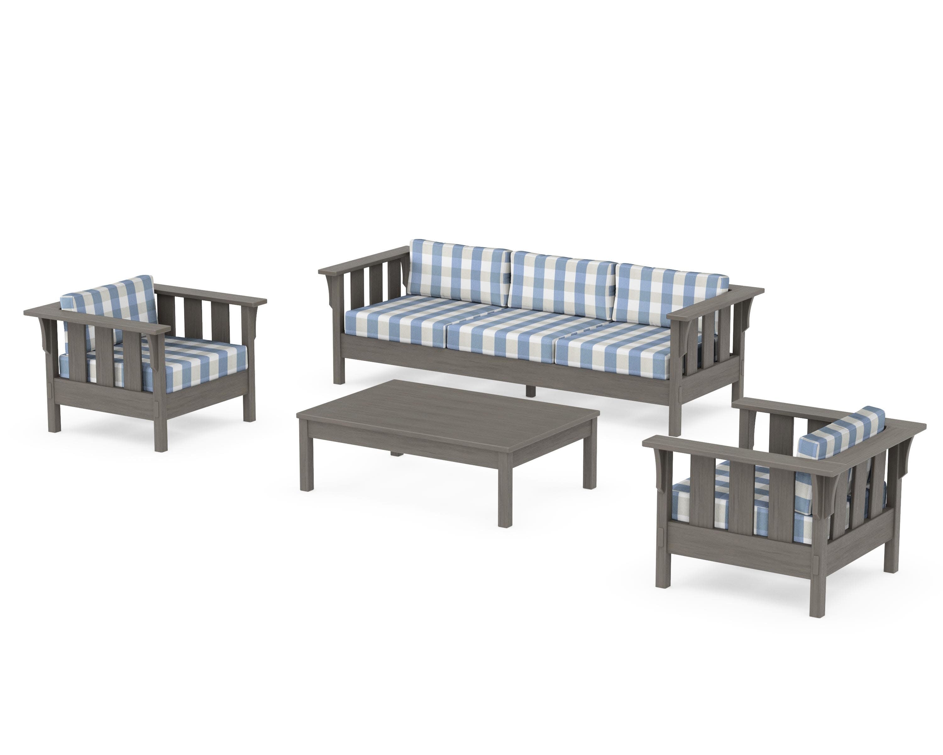 Acadia 4-Piece Deep Seating Set with Sofa in Driftwood / Buffalo Plaid Sky Blue