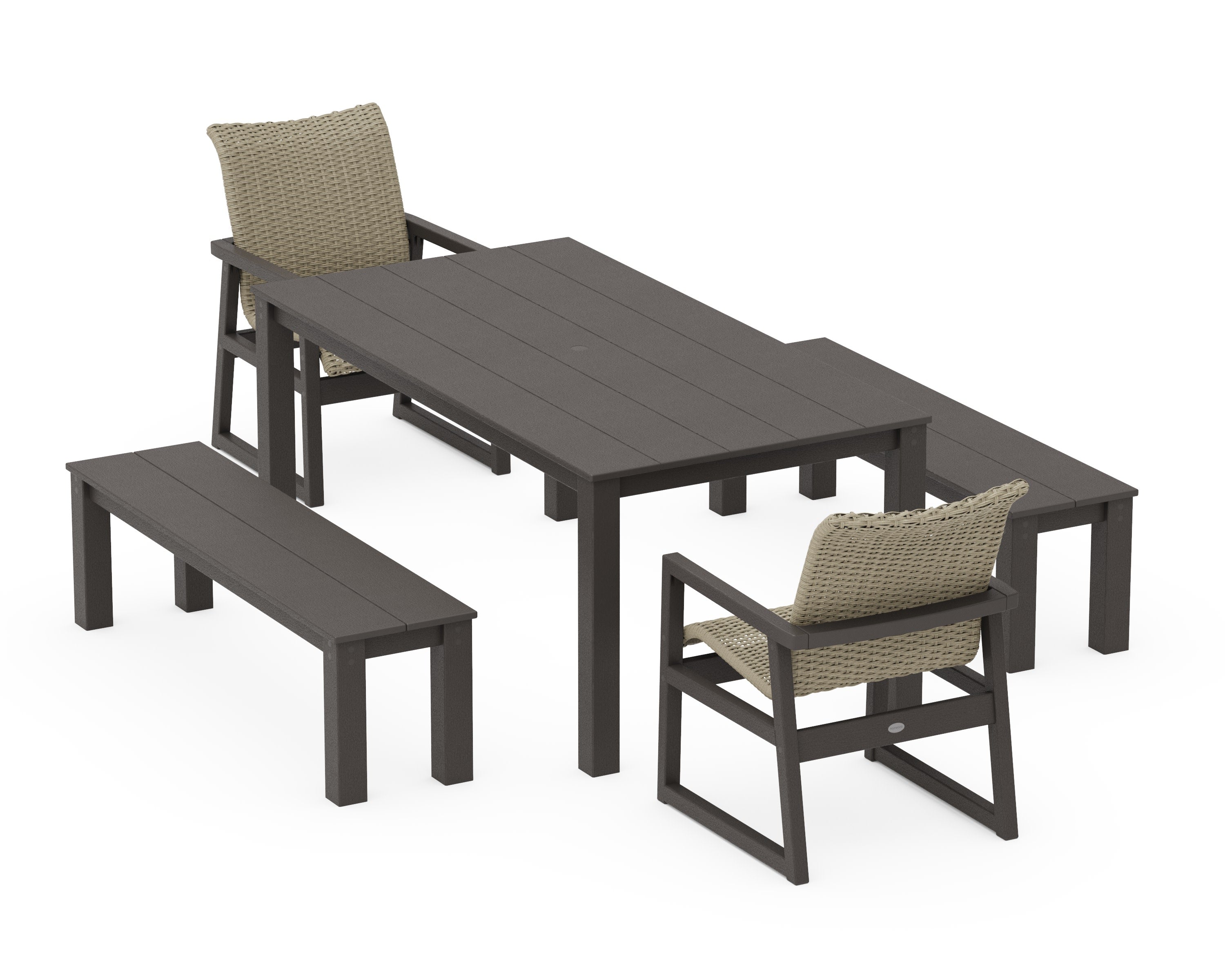 EDGE Woven 5-Piece Parsons Dining Set with Benches in Vintage Coffee / Dune Grass