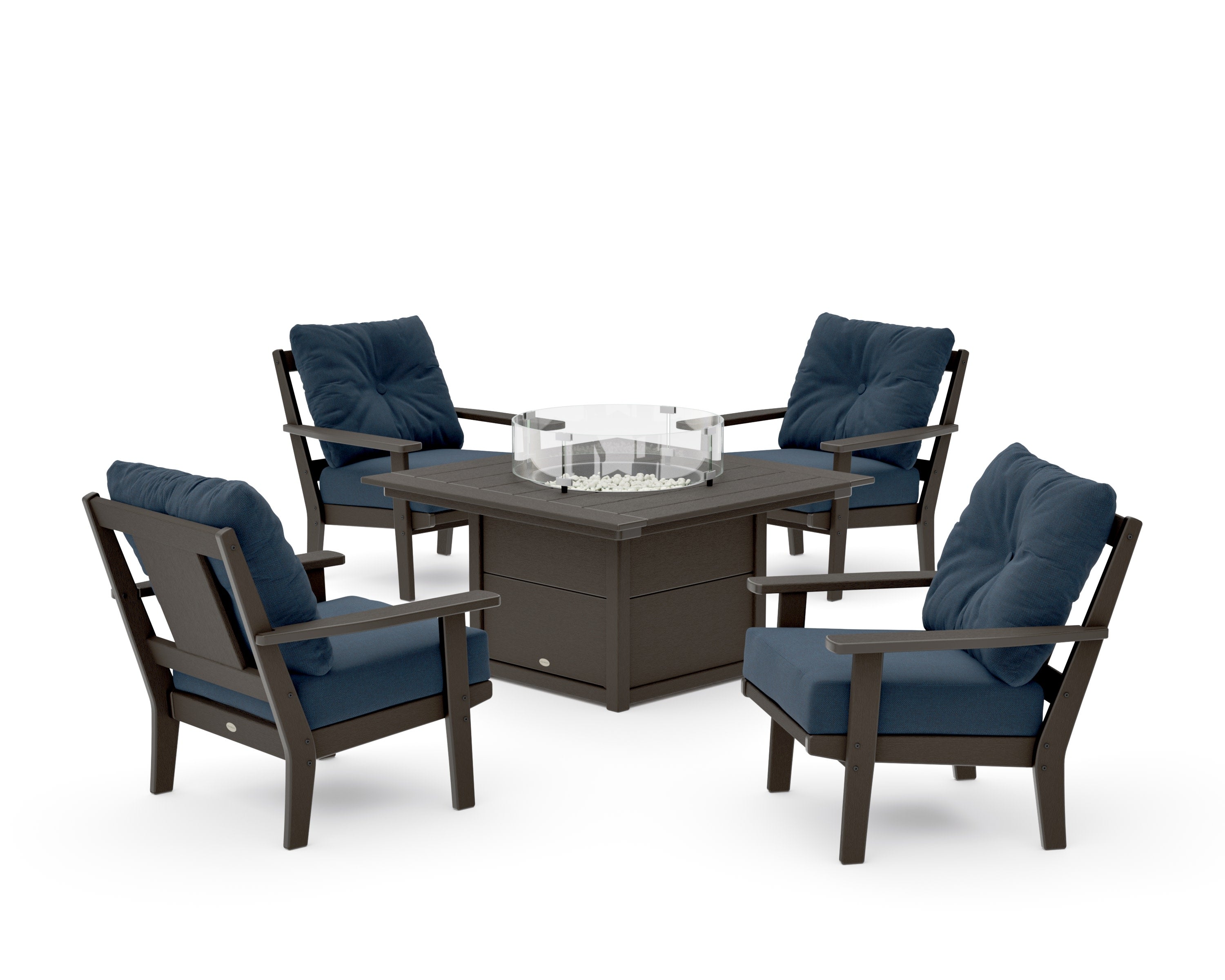 Prairie 5-Piece Deep Seating Set with Fire Pit Table in Vintage Coffee / Marine Indigo