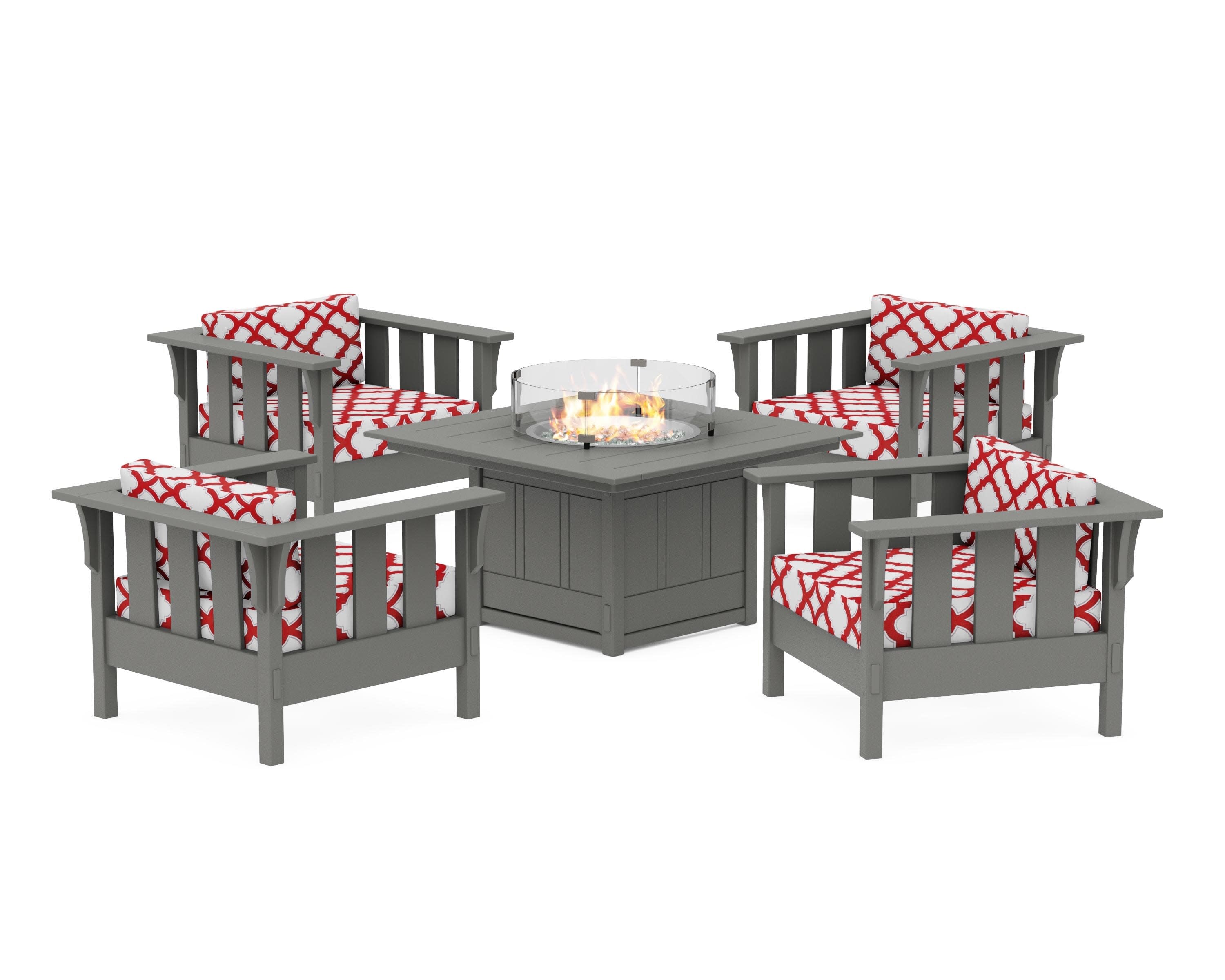 Acadia 5-Piece Deep Seating Set with Fire Pit Table in Slate Grey / Trellis Crimson