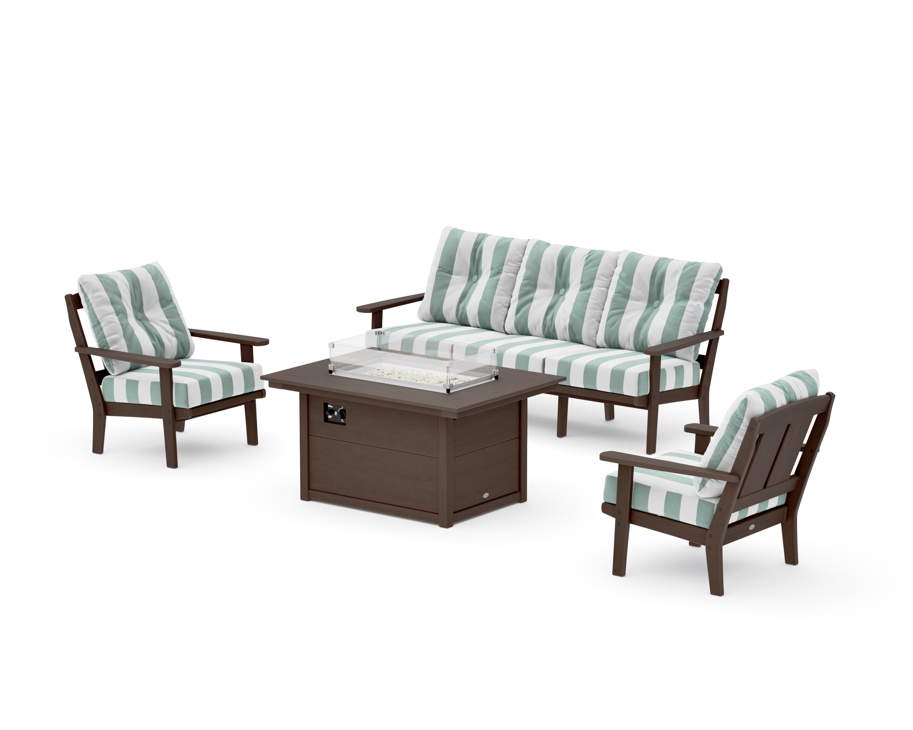 Mission Deep Seating Fire Pit Table Set in Kona / Cabana Stripe Glacier Spa