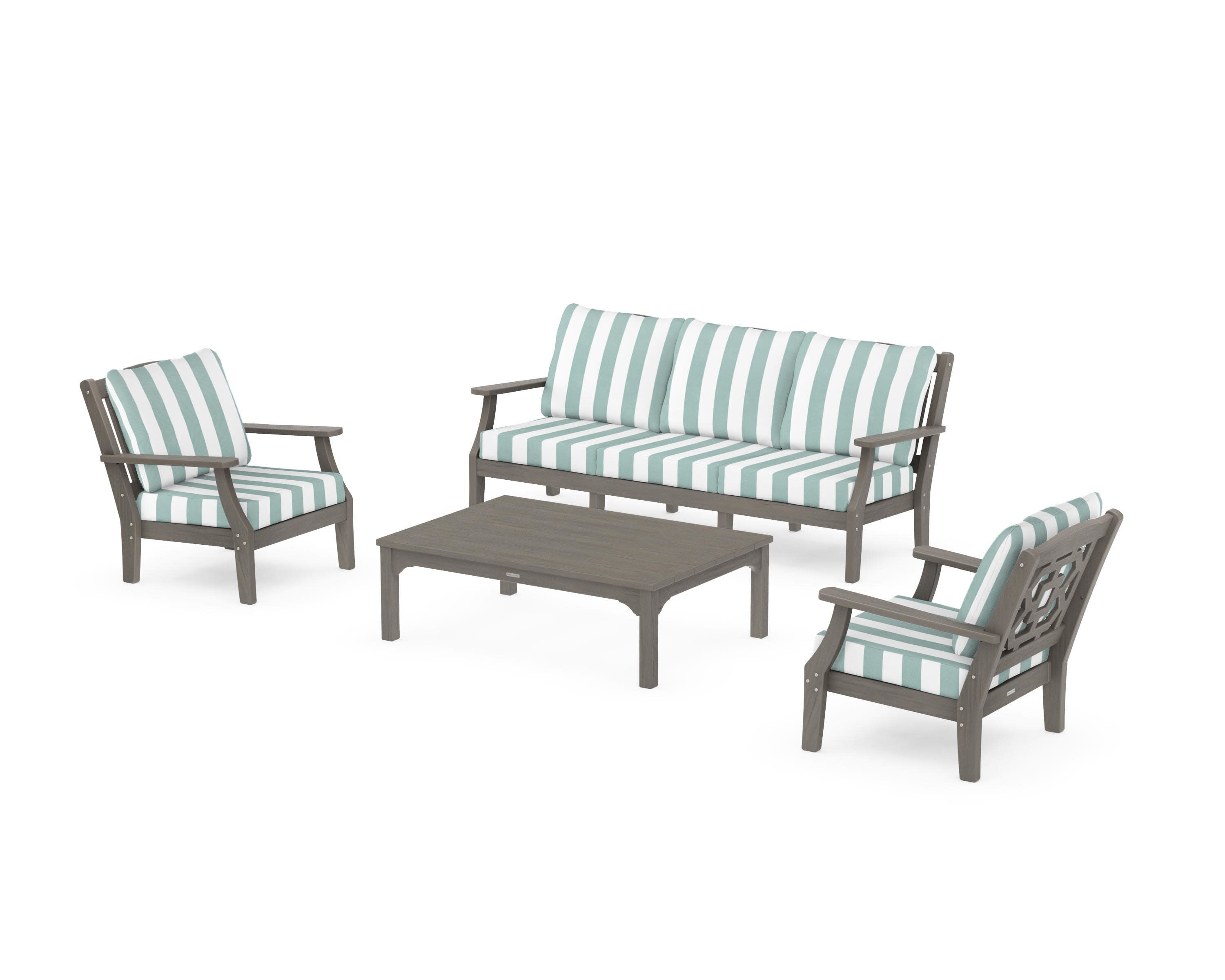 Chinoiserie 4-Piece Deep Seating Set with Sofa in Driftwood / Cabana Stripe Glacier Spa
