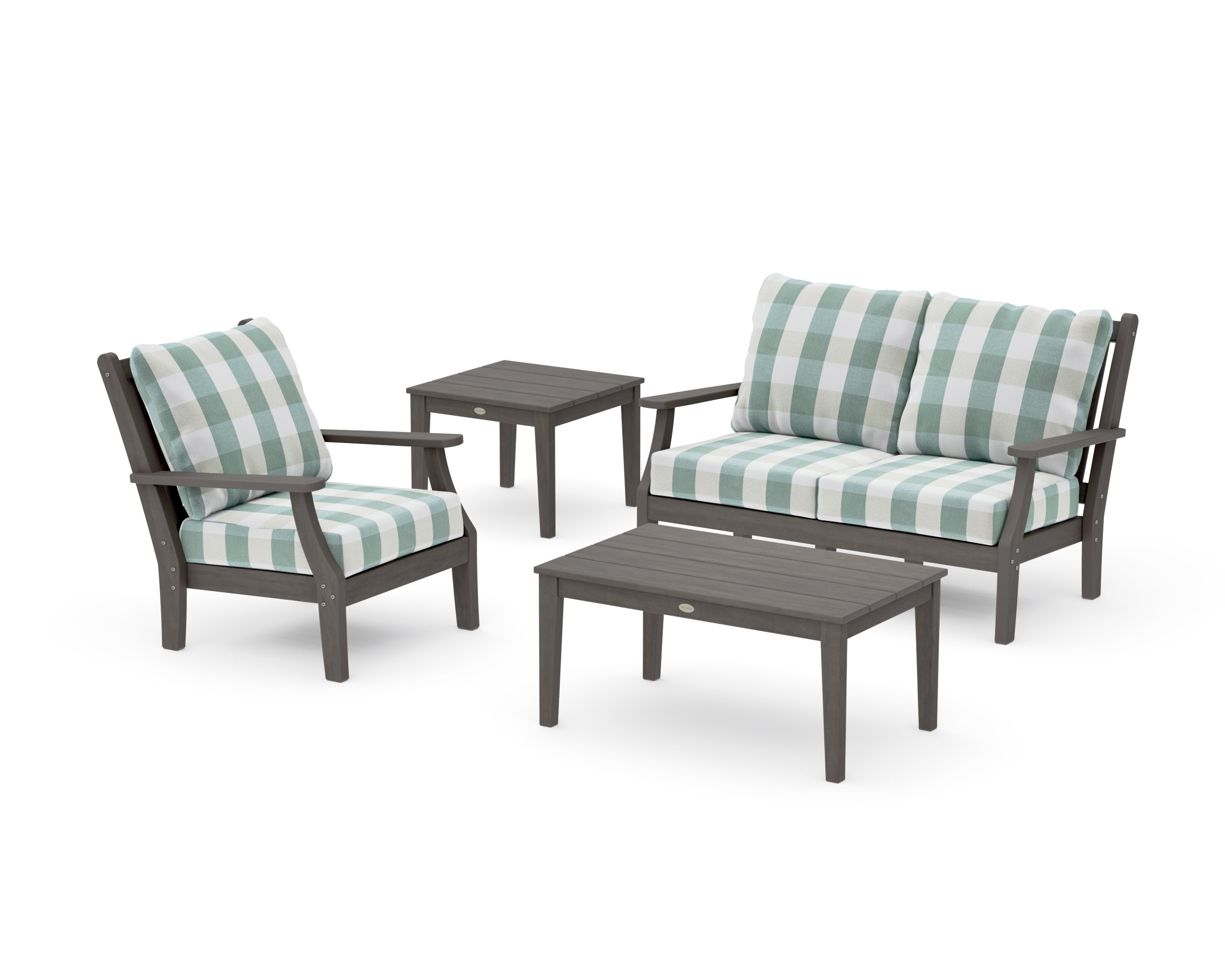 Wovendale 4-Piece Deep Seating Set in Driftwood / Buffalo Plaid Glacier Spa