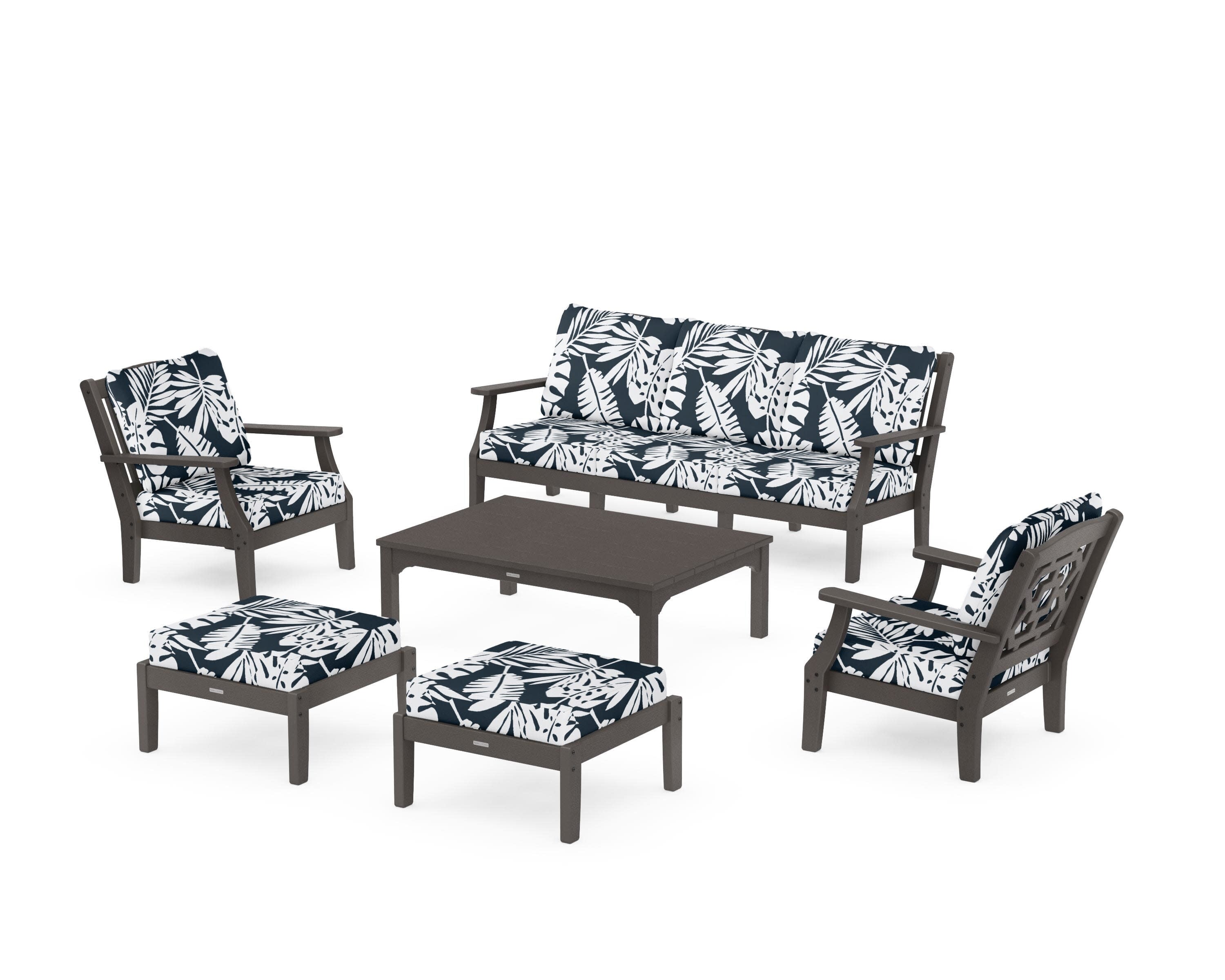 Chinoiserie 6-Piece Lounge Sofa Set in Vintage Coffee / Leaf Marine Indigo