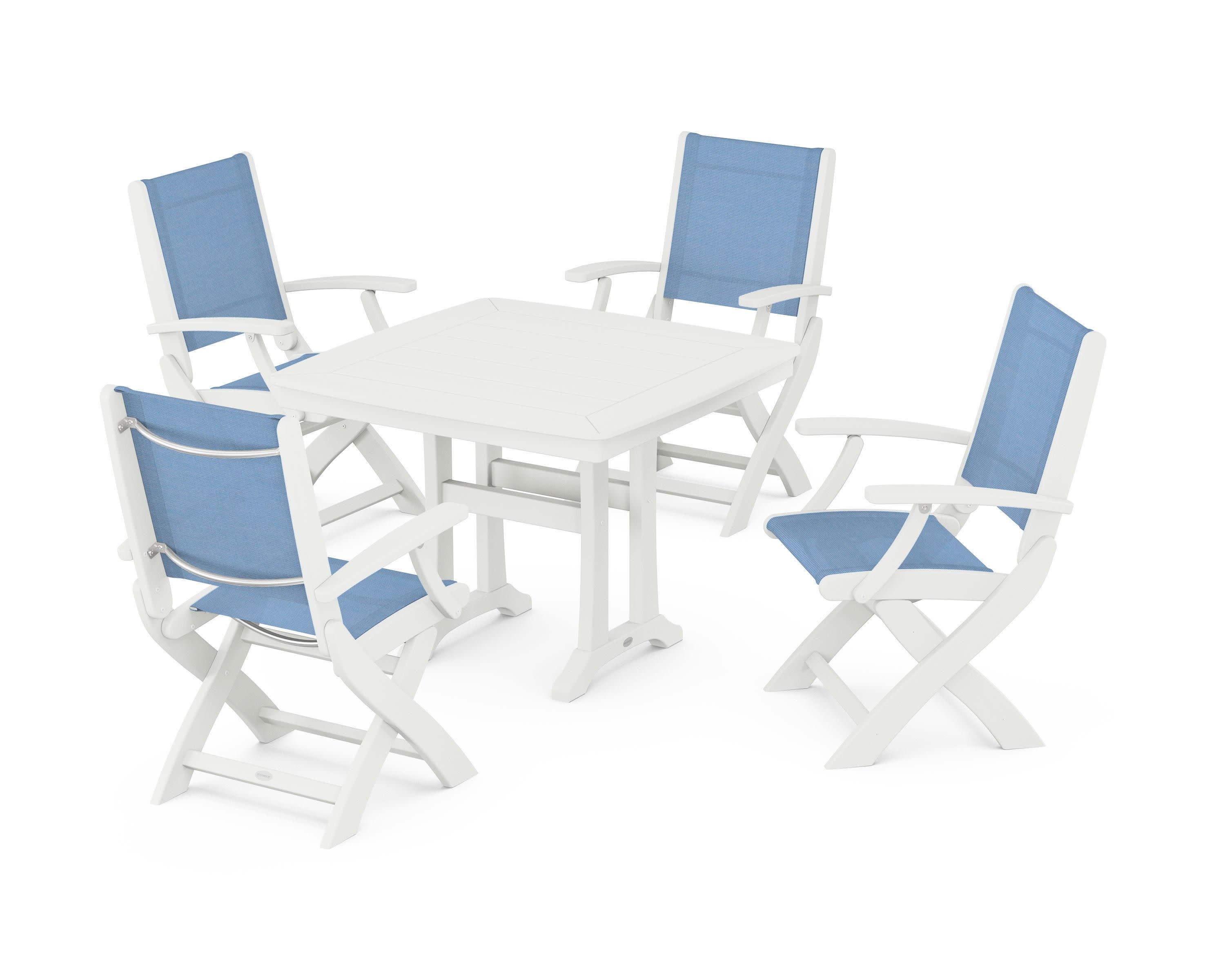 Coastal Folding Chair 5-Piece Dining Set with Trestle Legs in Vintage White / Poolside Sling