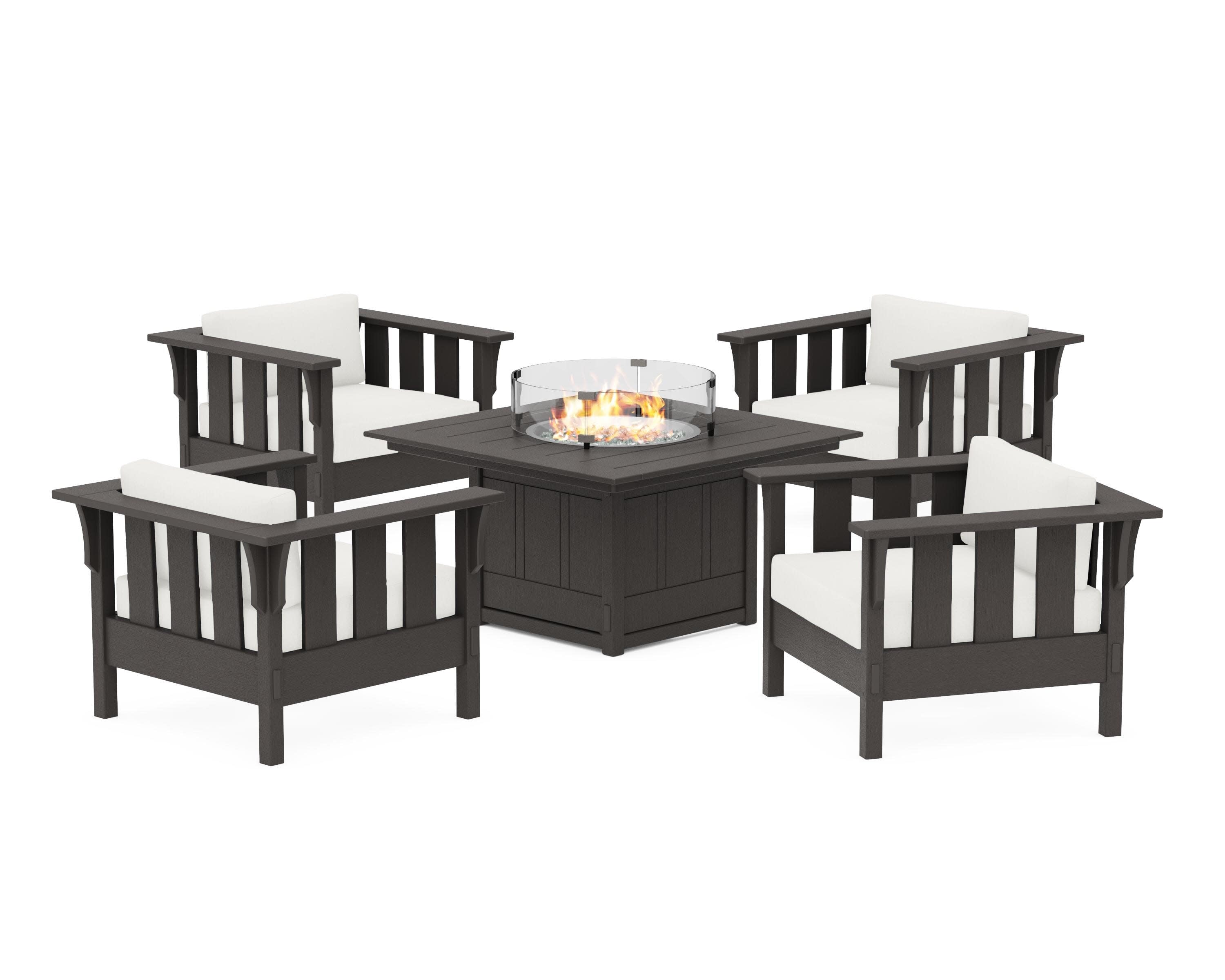Acadia 5-Piece Deep Seating Set with Fire Pit Table in Vintage Coffee / Natural Linen