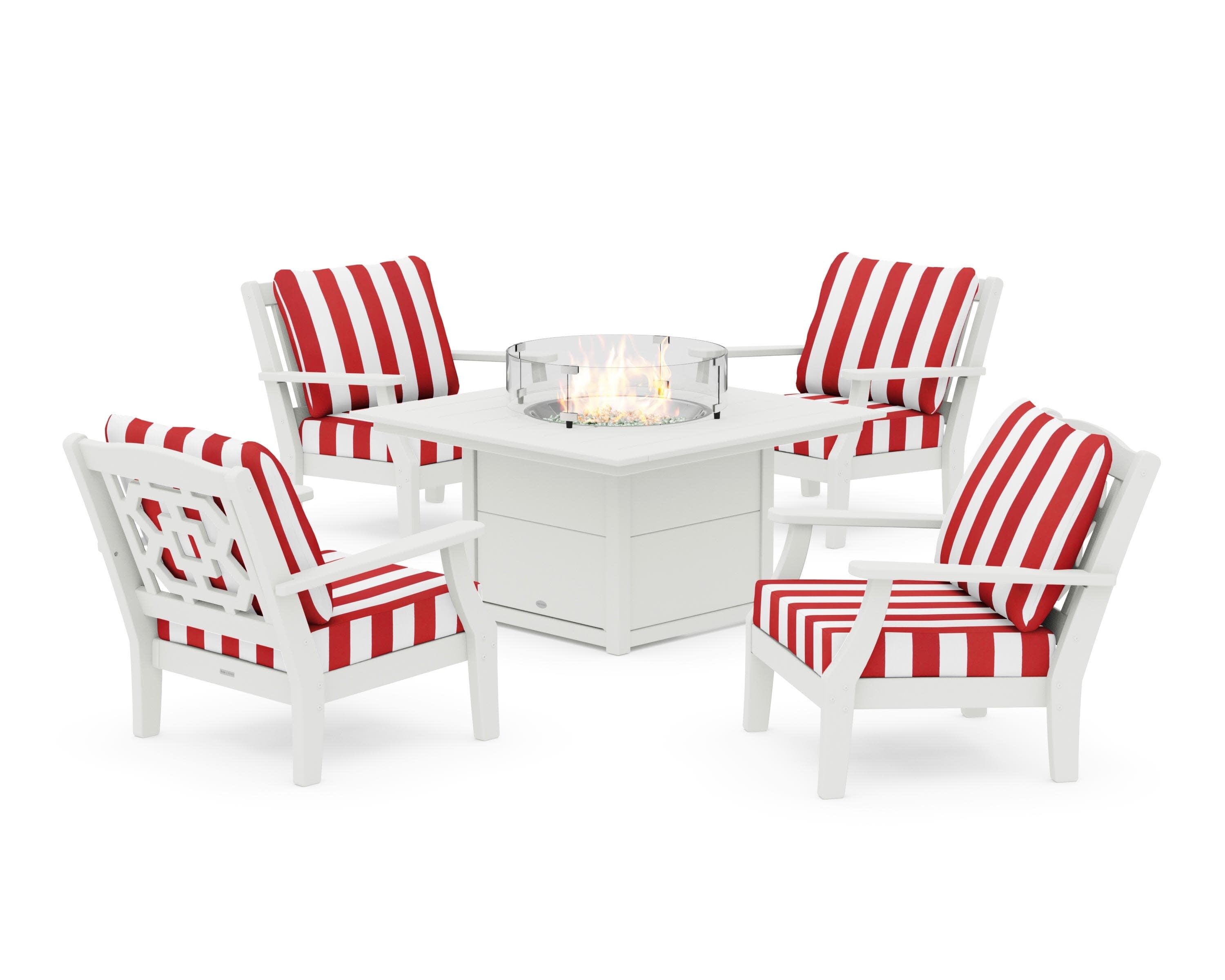 Chinoiserie 5-Piece Deep Seating Set with Fire Pit Table in Vintage White / Cabana Stripe Crimson