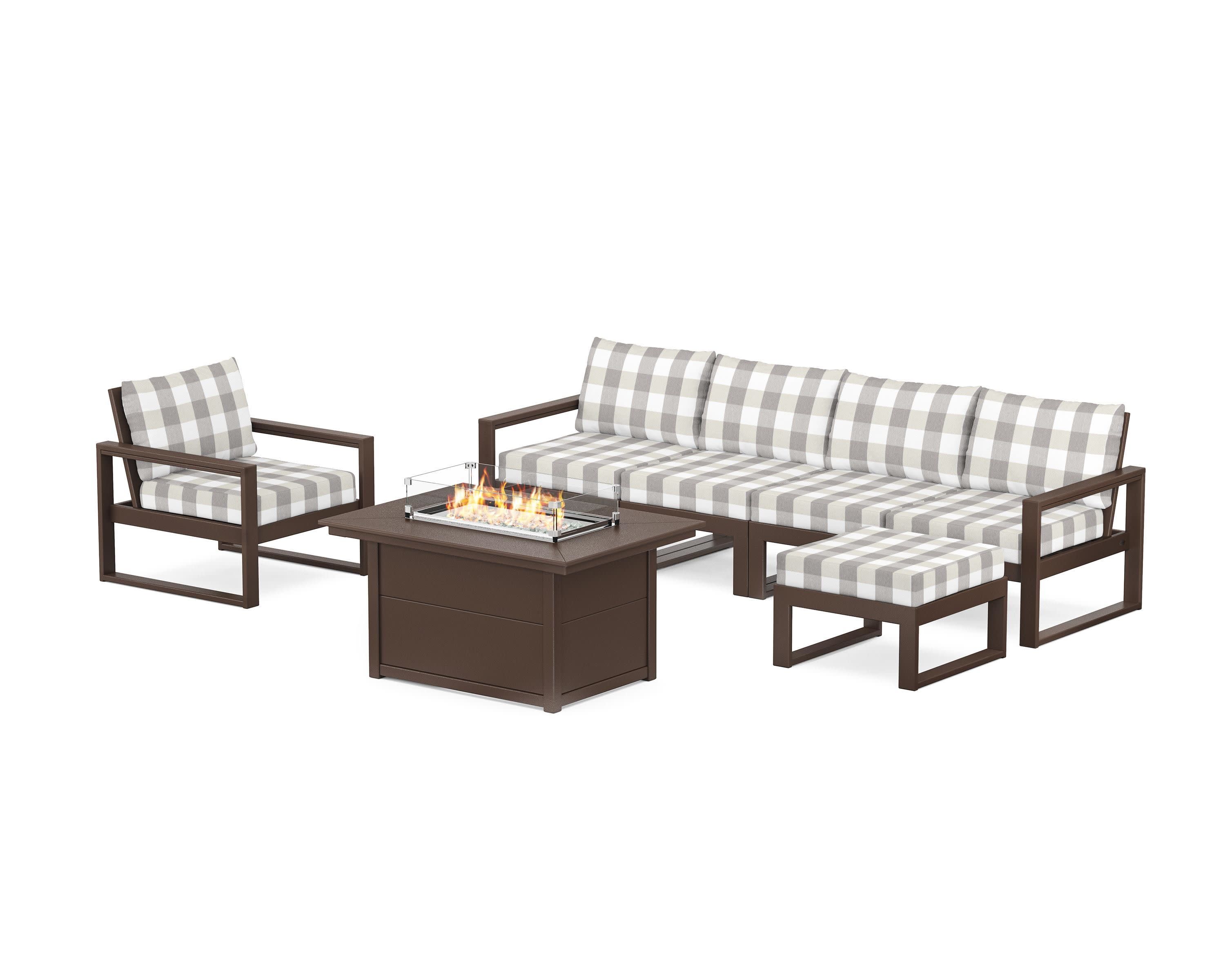 EDGE Sectional Lounge and Fire Pit Set in Mahogany / Buffalo Plaid Grey Mist