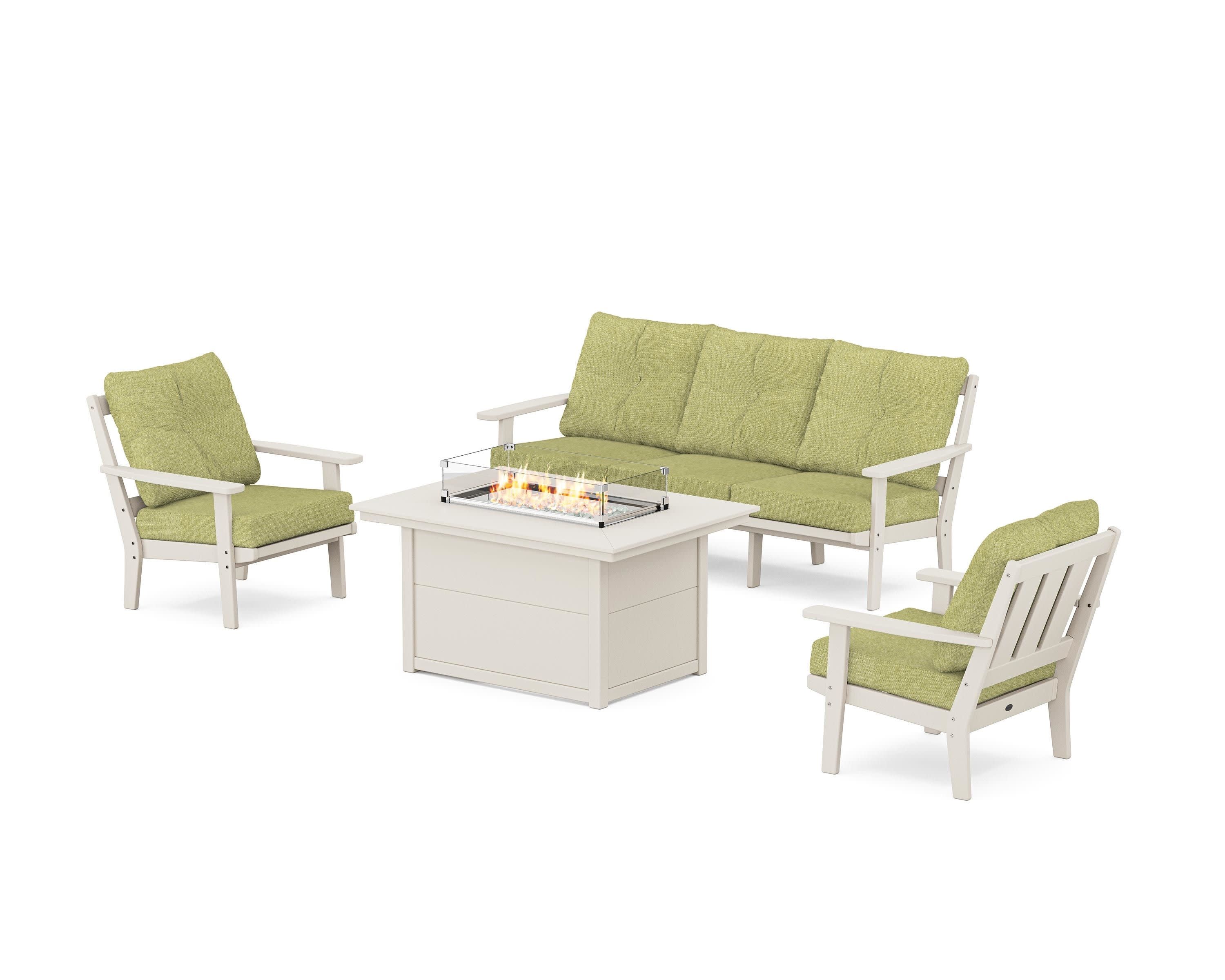 Oxford Deep Seating Fire Pit Table Set in Sand / Chartreuse Boucle