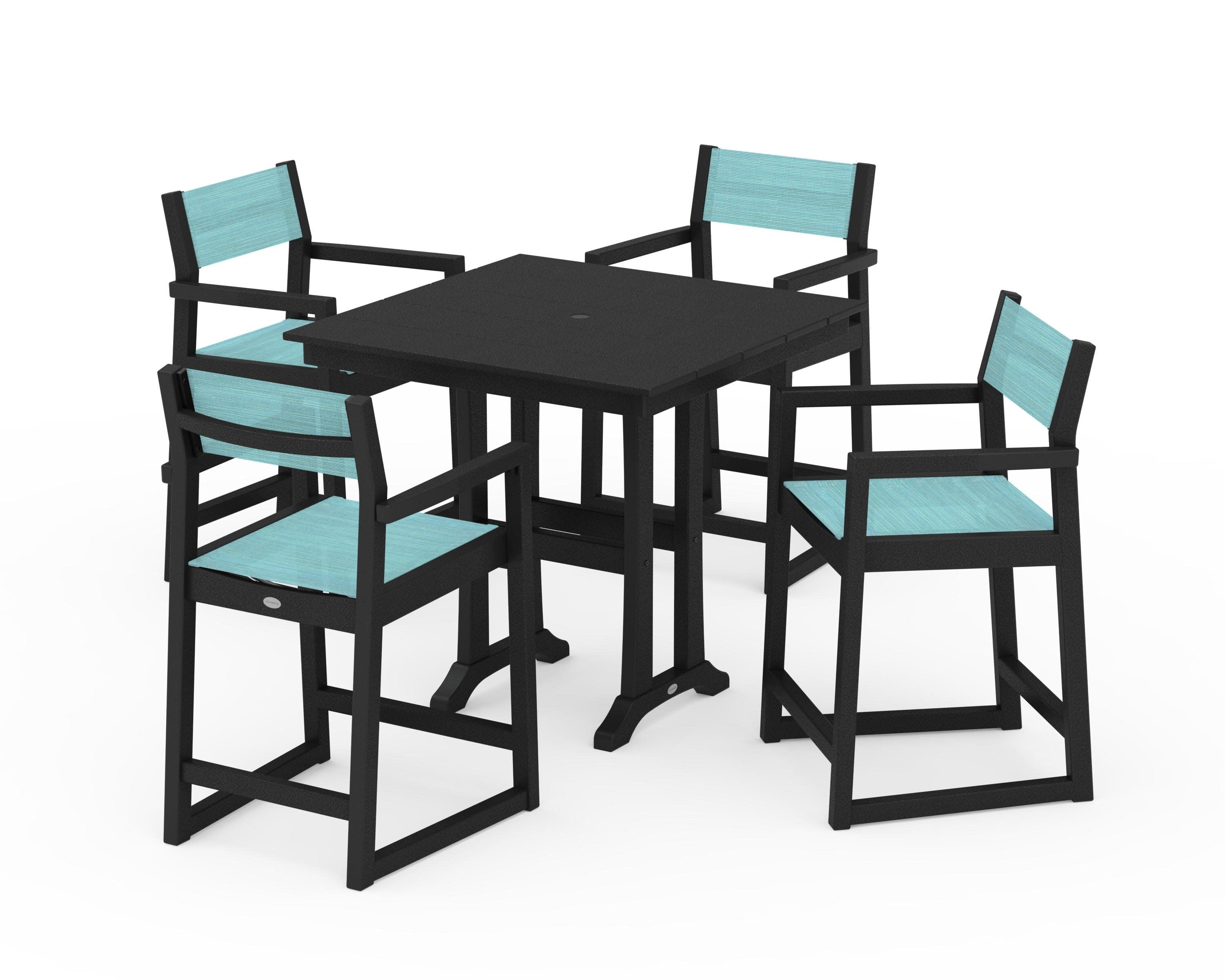 EDGE Sling Arm Chair 5-Piece Farmhouse Counter Set with Trestle Legs in Black / Dupioni Aquamarine Sling
