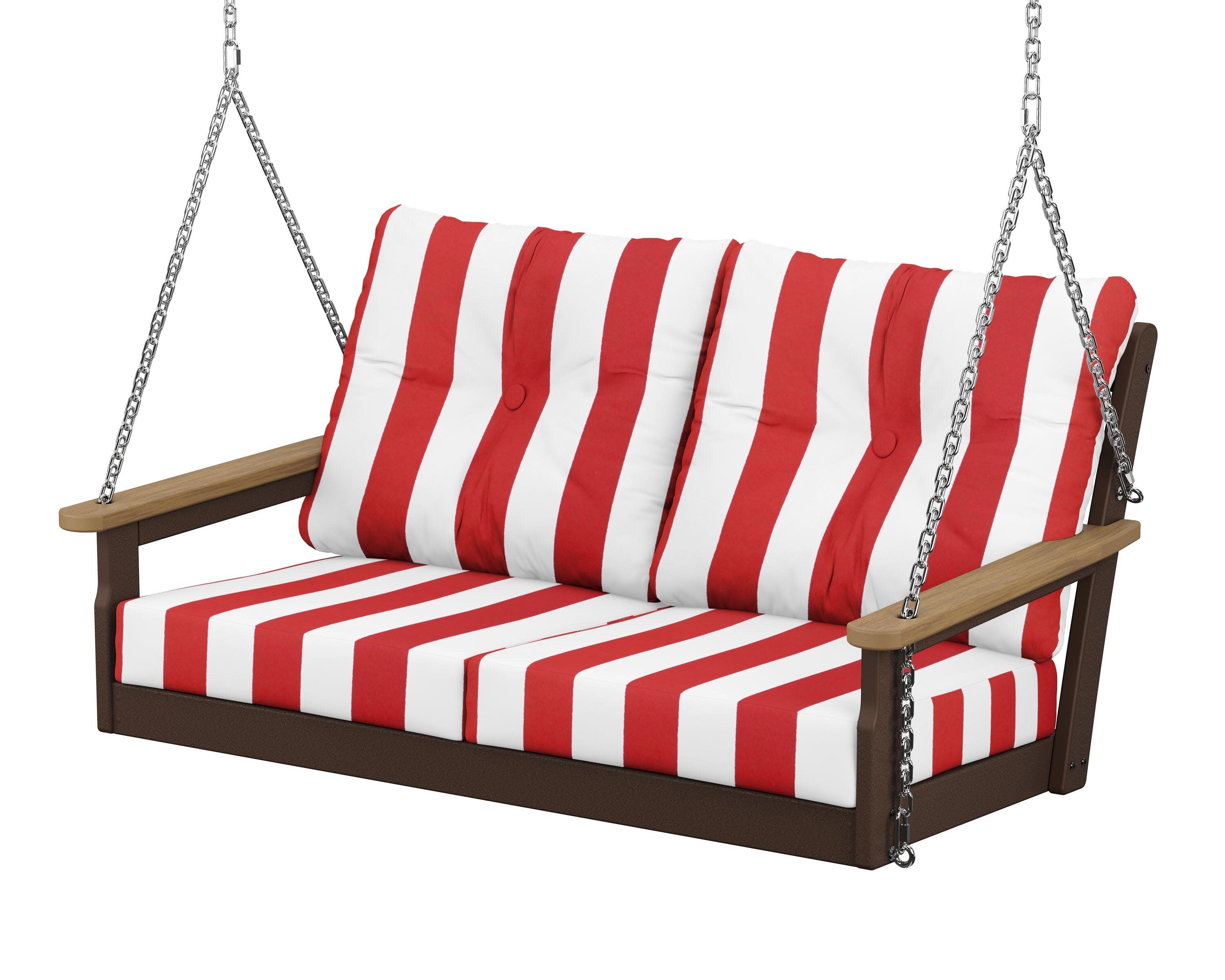 Vineyard Deep Seating Swing in Mahogany / Natural / Cabana Stripe Crimson