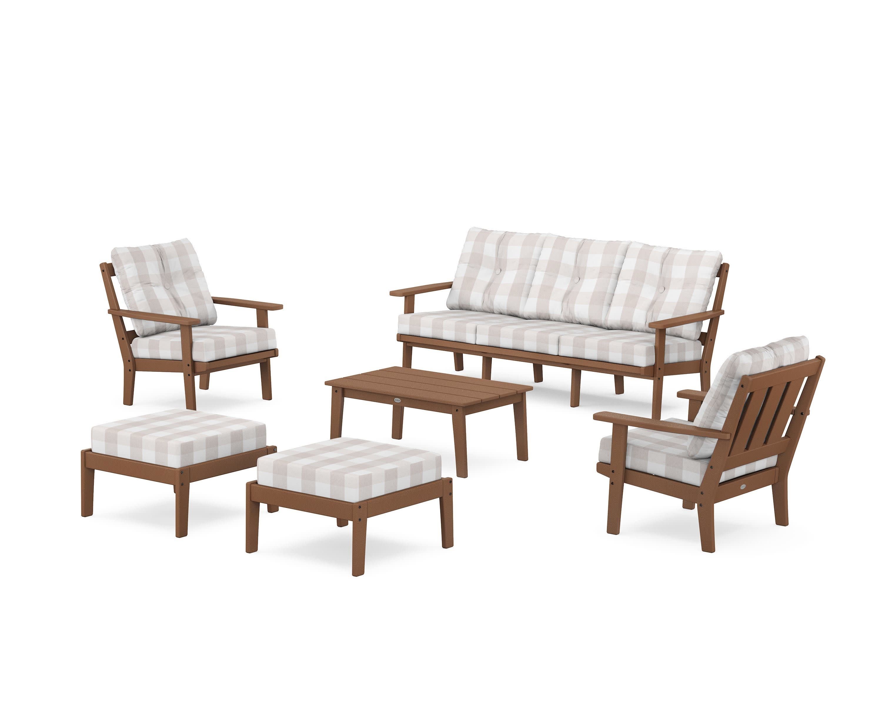 Oxford 6-Piece Lounge Sofa Set in Teak / Buffalo Plaid Dune Burlap
