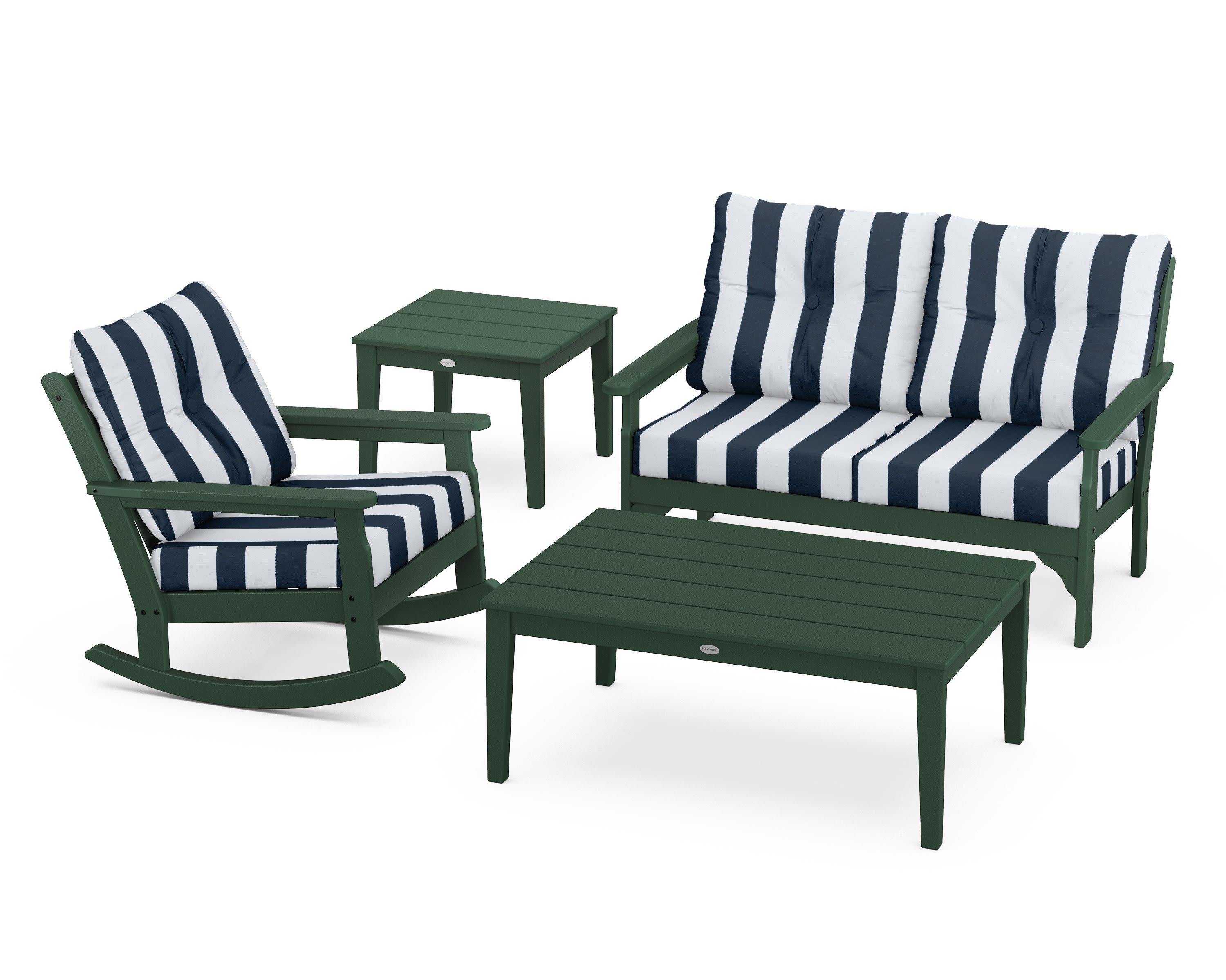 Vineyard 4-Piece Deep Seating Rocker Set in Green / Cabana Stripe Marine Indigo