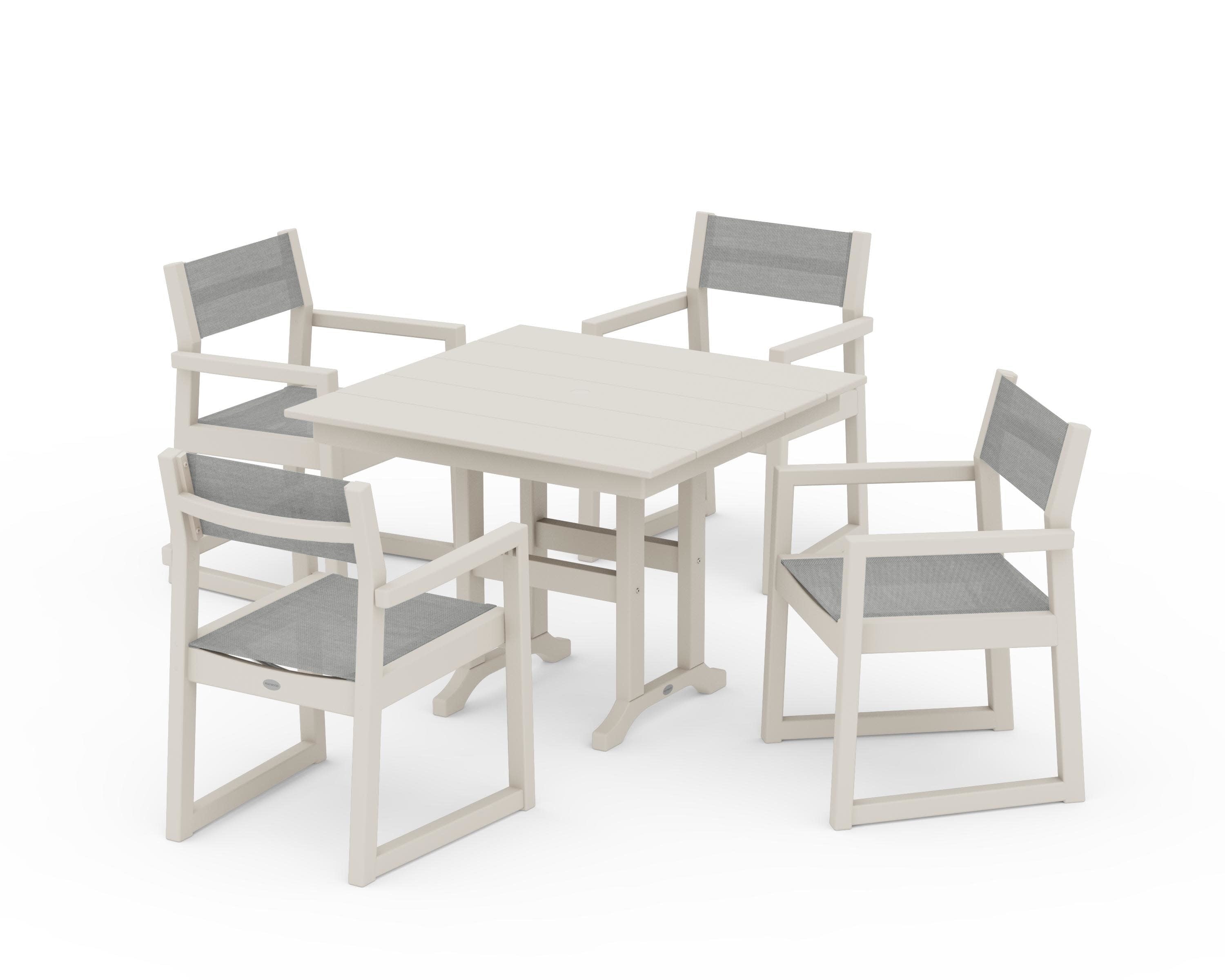 EDGE Sling Arm Chair 5-Piece Farmhouse Dining Set in Sand / Metallic Sling