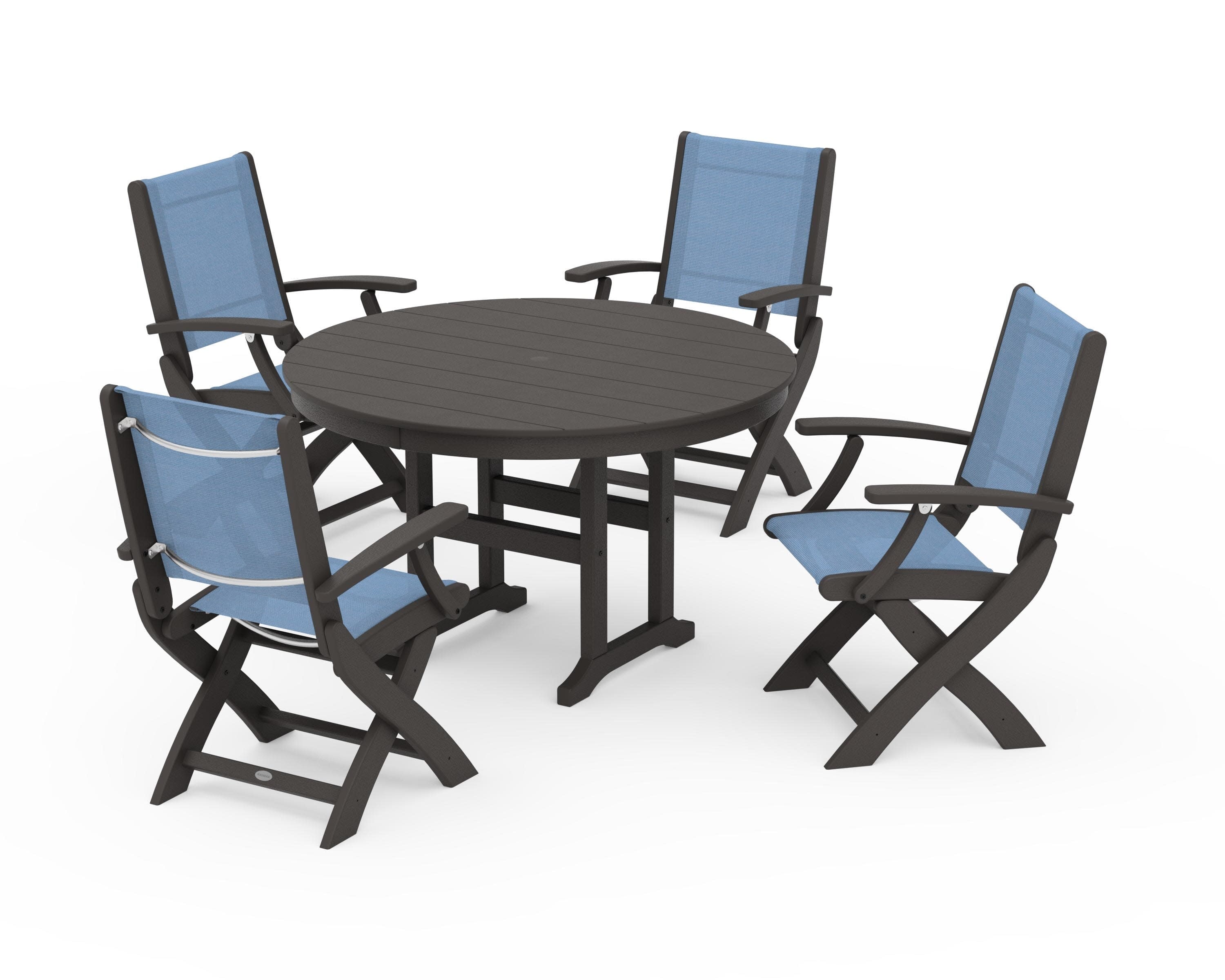 Coastal Folding Chair 5-Piece Round Dining Set in Vintage Coffee / Poolside Sling