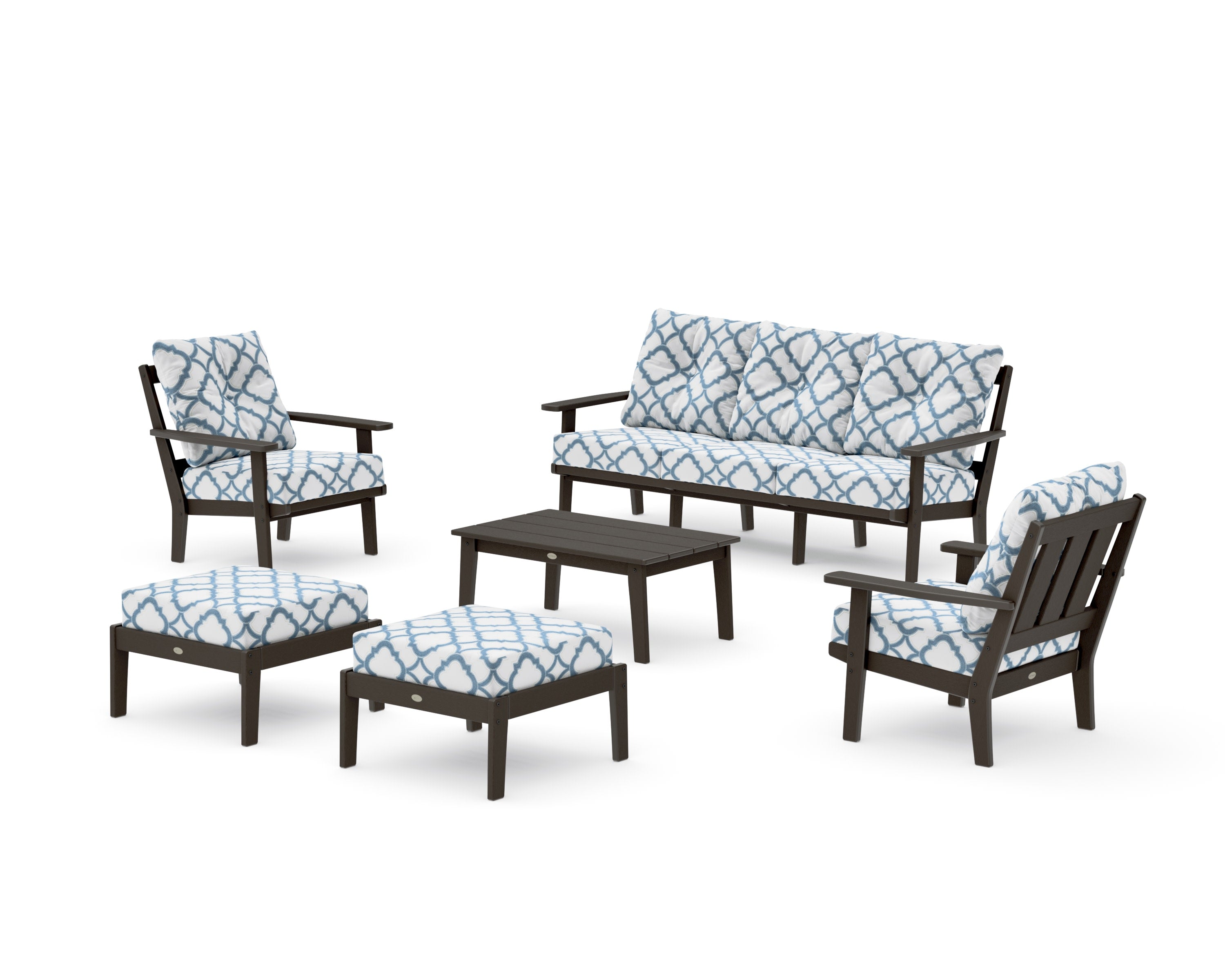 Oxford 6-Piece Lounge Sofa Set in Vintage Coffee / Trellis Sky Blue
