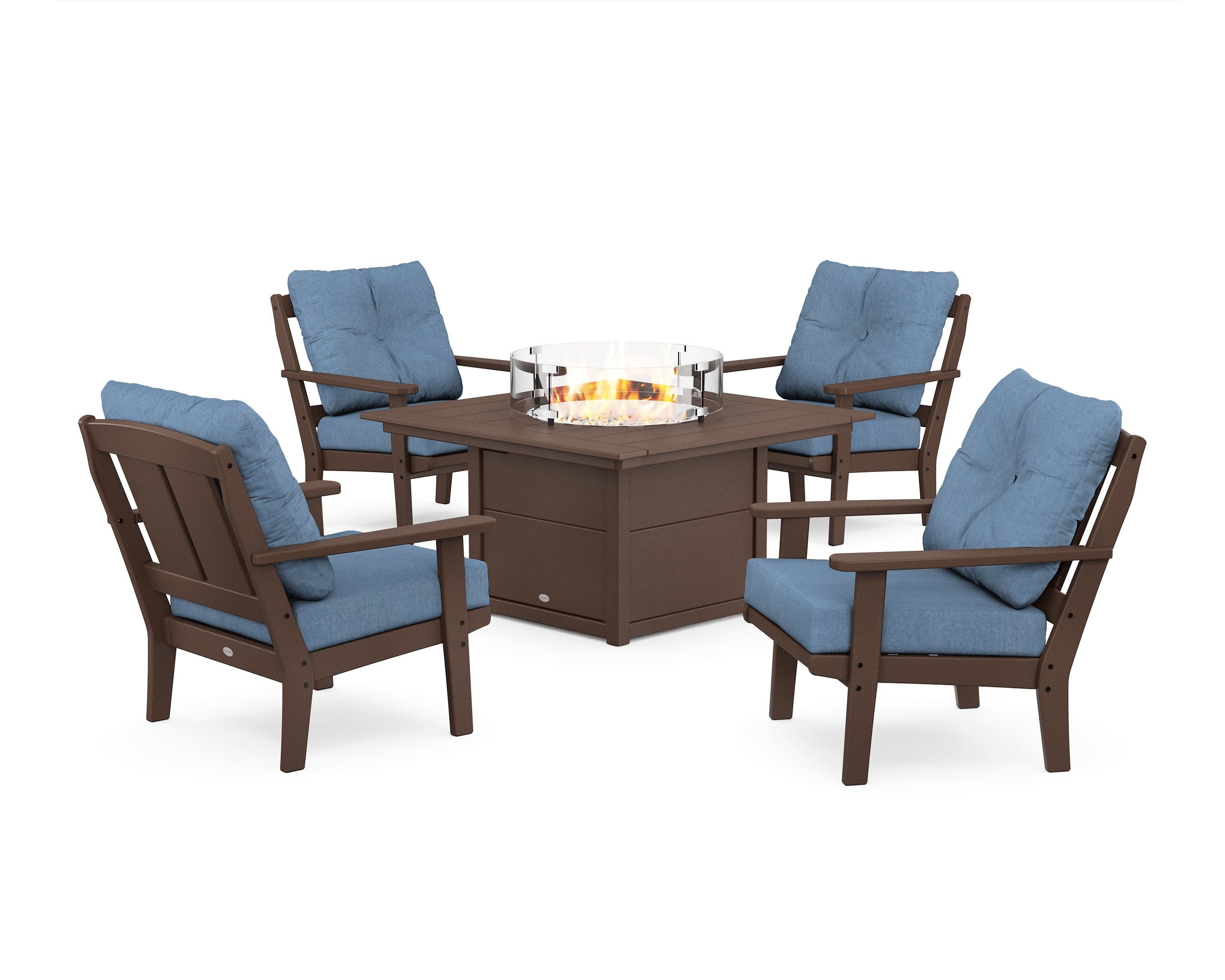 Mission 5-Piece Deep Seating Set with Fire Pit Table in Mahogany / Sky Blue